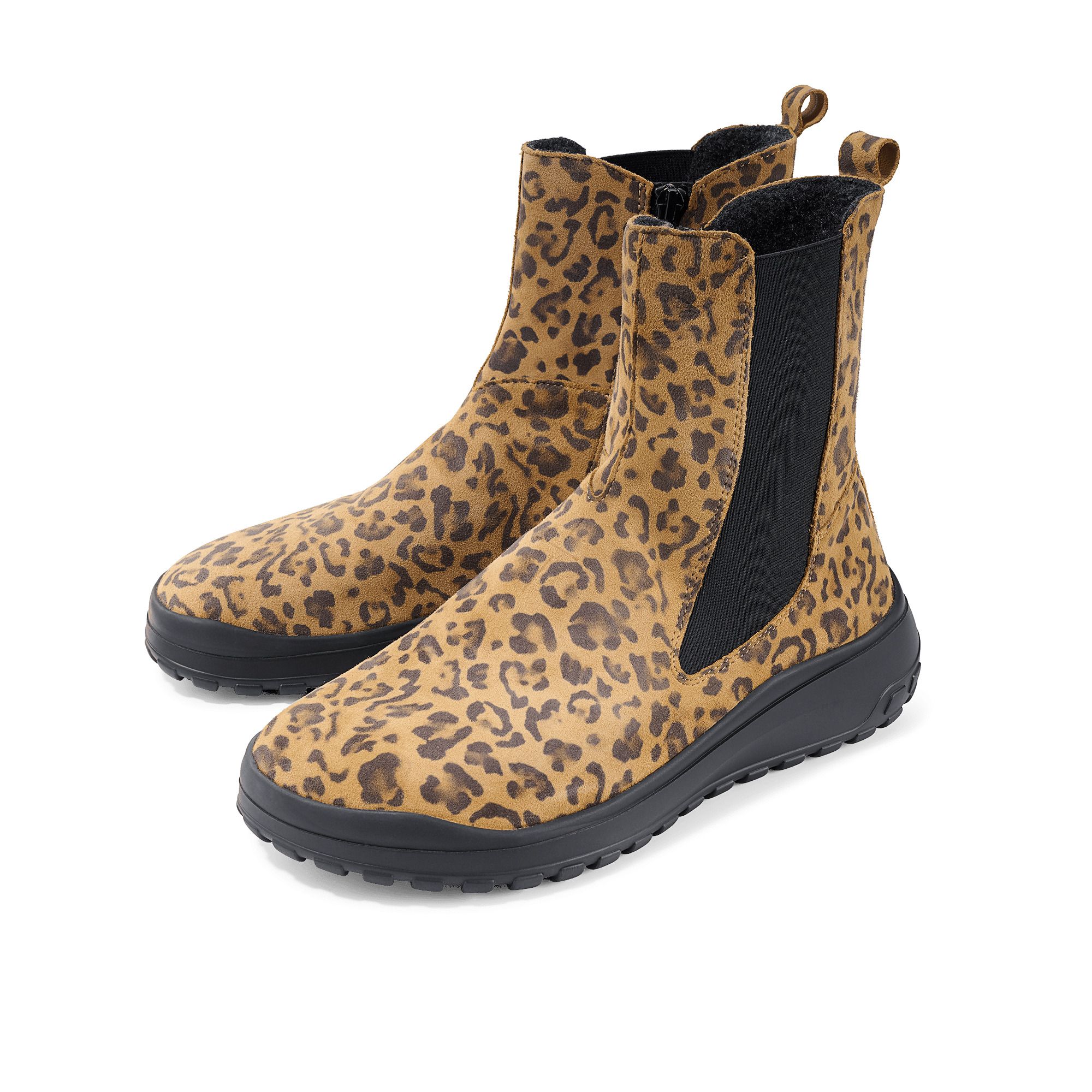 Damenstiefeletten mit Leopardenmuster, seitlichem Reißverschluss und Gummisohle.