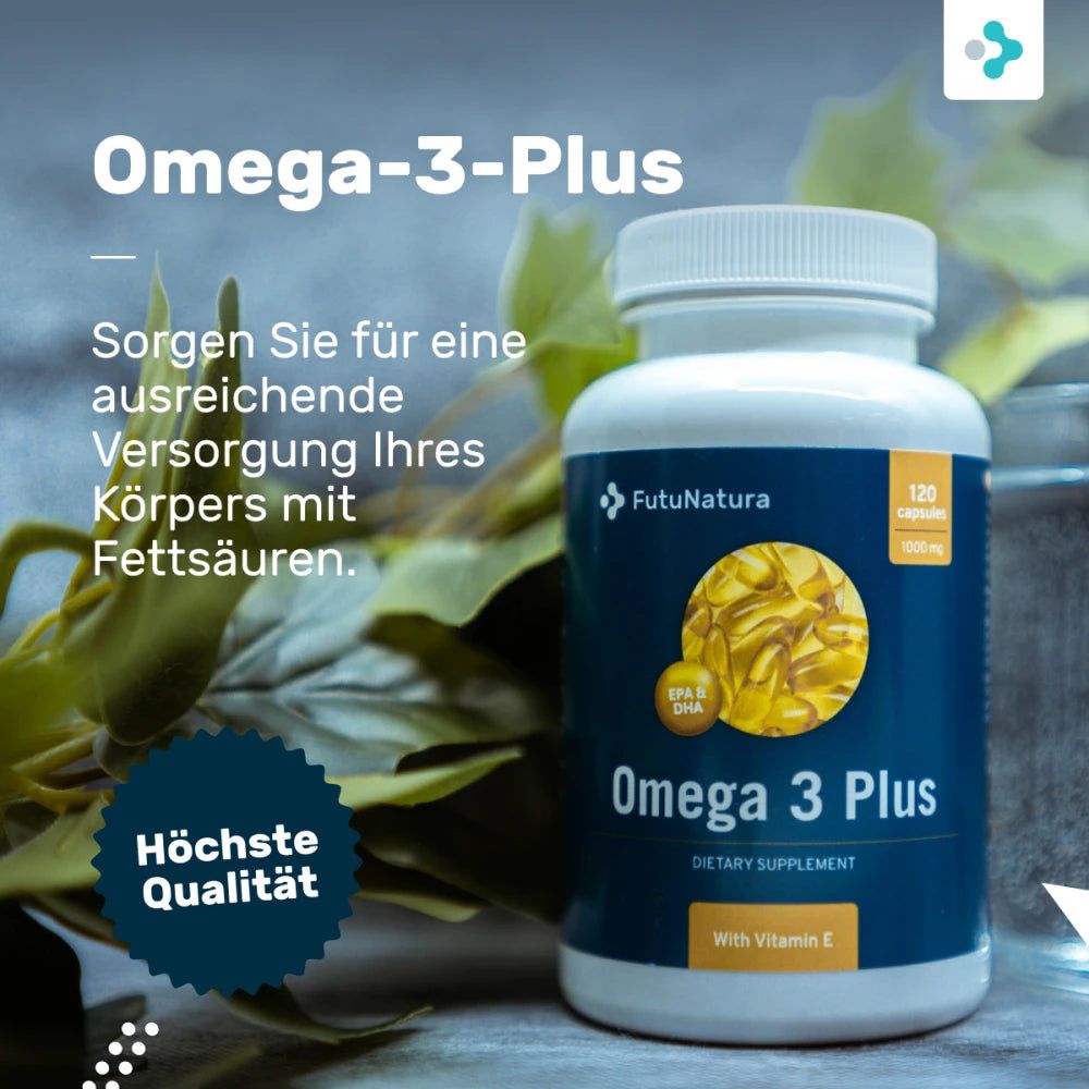 FutuNatura Omega 3 Plus Kapseln. Dose mit 120 Kapseln. Text: Sorgen Sie für eine ausreichende Versorgung Ihres Körpers mit Fettsäuren.