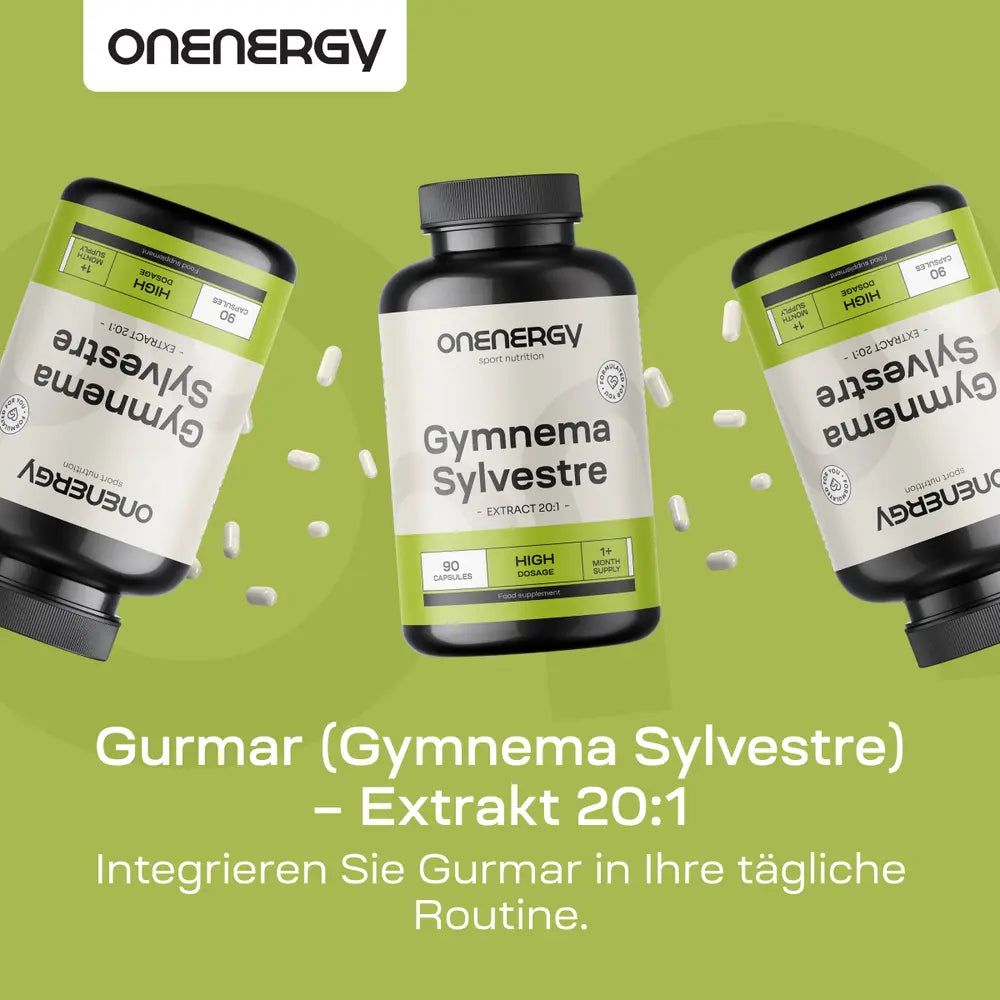Drei Produktflaschen und Text. Aufschrift: OnEnergy, Gymnema Sylvestre Extrakt 20:1. Text: Integrieren Sie Gurmar in Ihre tägliche Routine.