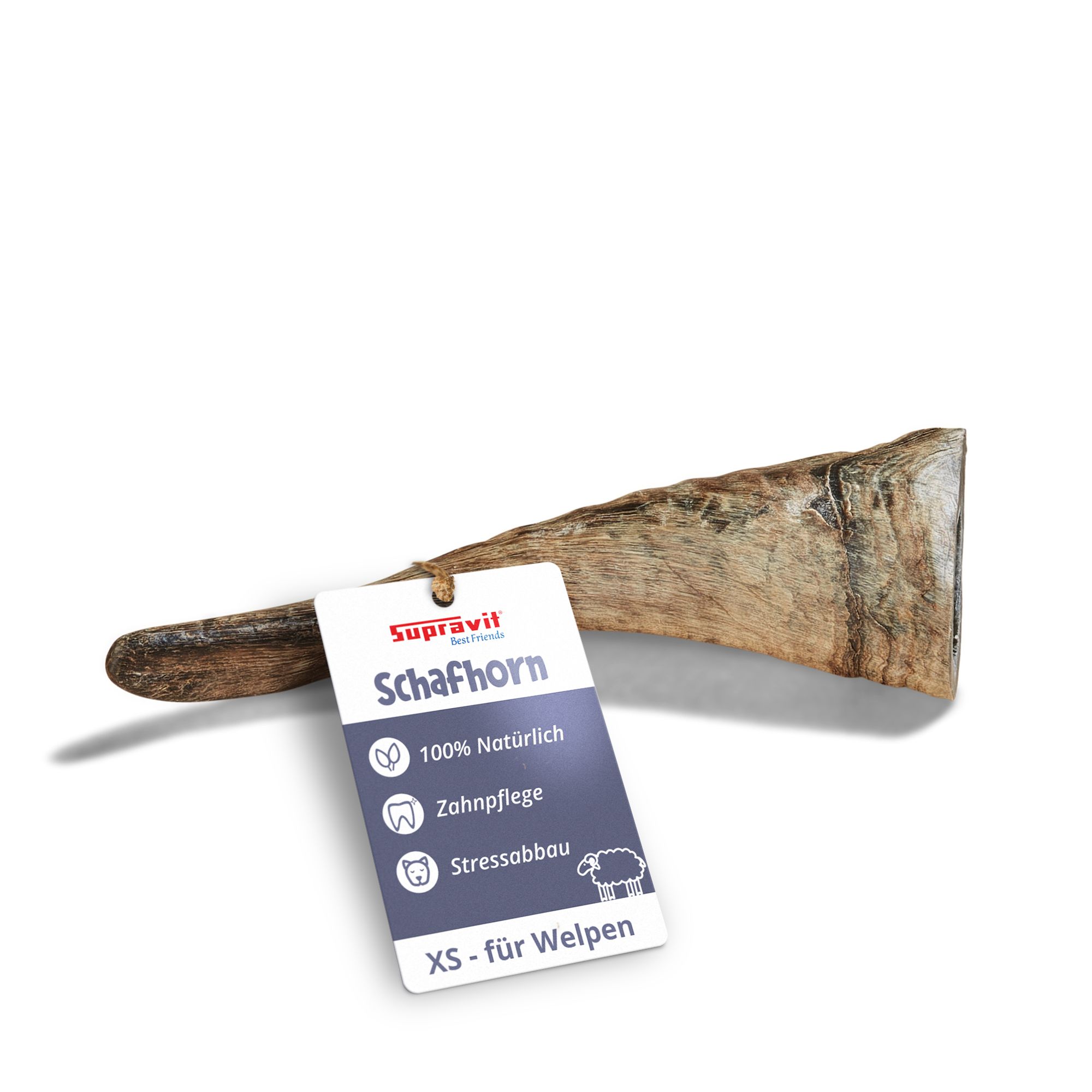 Supravit Schafhorn XS für Welpen. Anhänger mit Produktinformationen: 100% natürlich, Zahnpflege, Stressabbau.