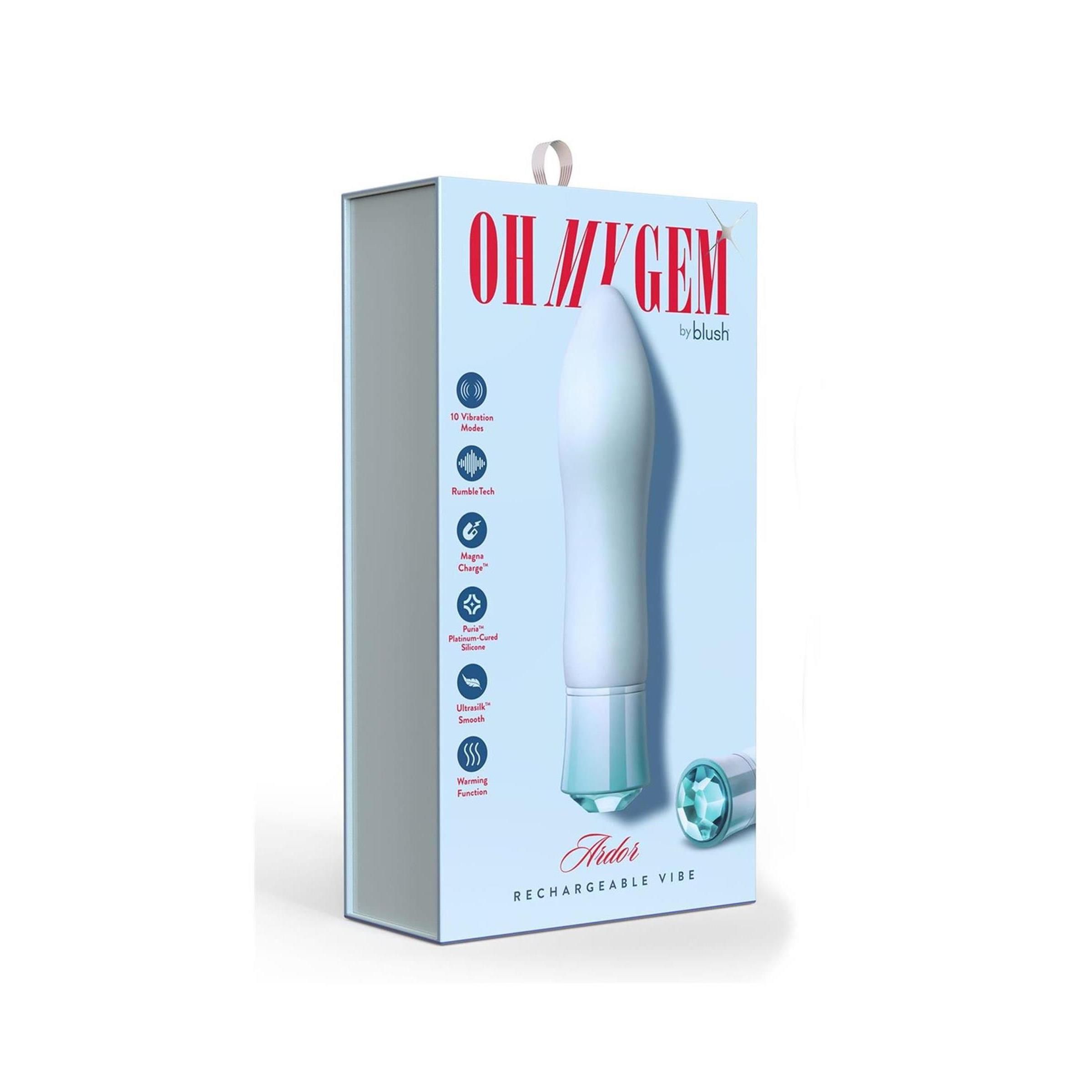 Verpackung von OH MY GEM by blush. Hellblaues Wellness-Produkt mit Kristall-Design. Text: Wiederaufladbare Vibration.