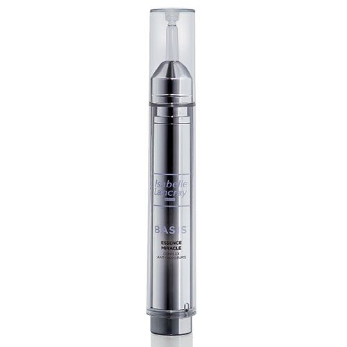 Silberfarbene Flasche mit Dosierer. Beschriftung: Isabelle Lancray, Essence Miracle Complex Anti-Rougeurs.