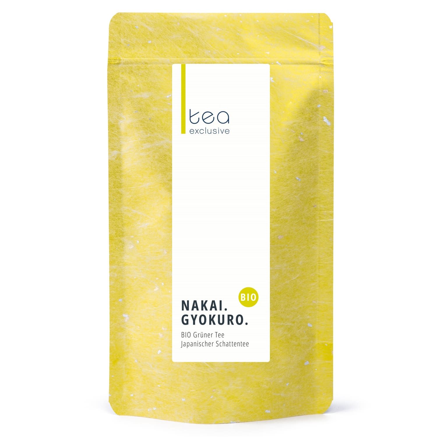 Verpackung von Nakai Gyokuro Japanischer Grüner Tee bio, gelb mit weißem Etikett.