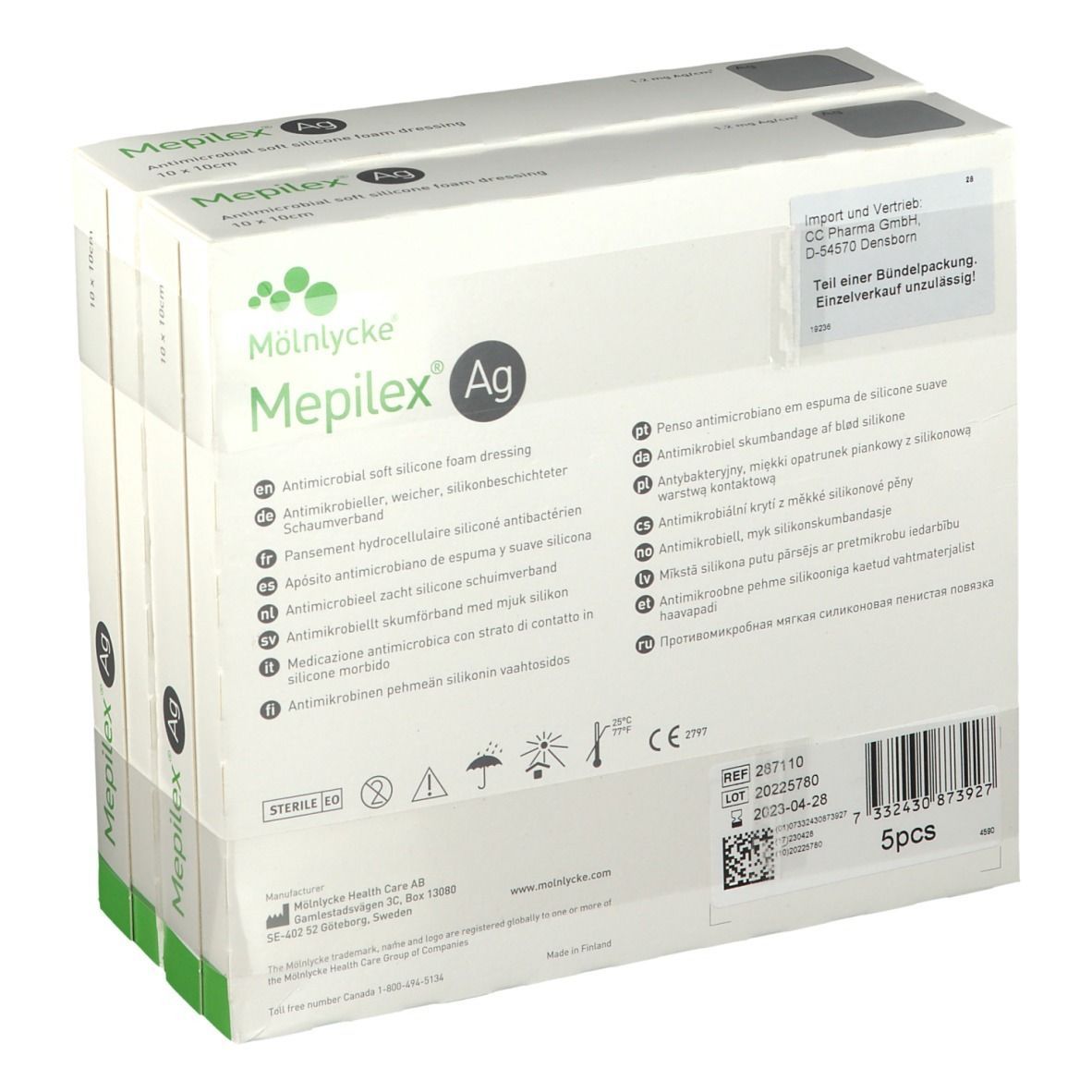 Verpackung von Mepilex Ag, antimikrobieller Silikonschaumverband. 10 x 10cm. Fünf Packungen sichtbar.