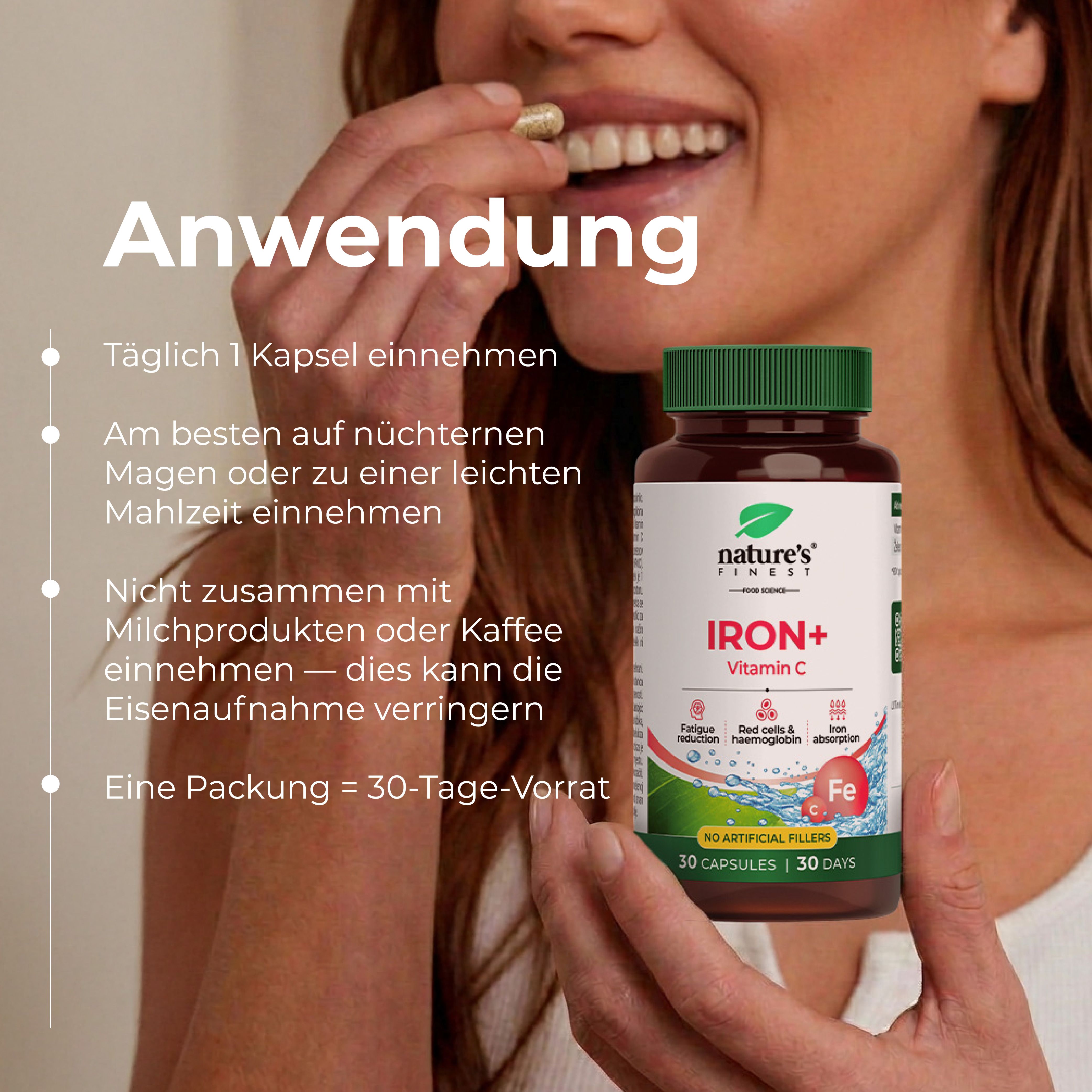 Nature's Finest Eisen + Vitamin C – 30 Kapseln – 14 mg Eisen (100% NRV) + 250 mg Vitamin C