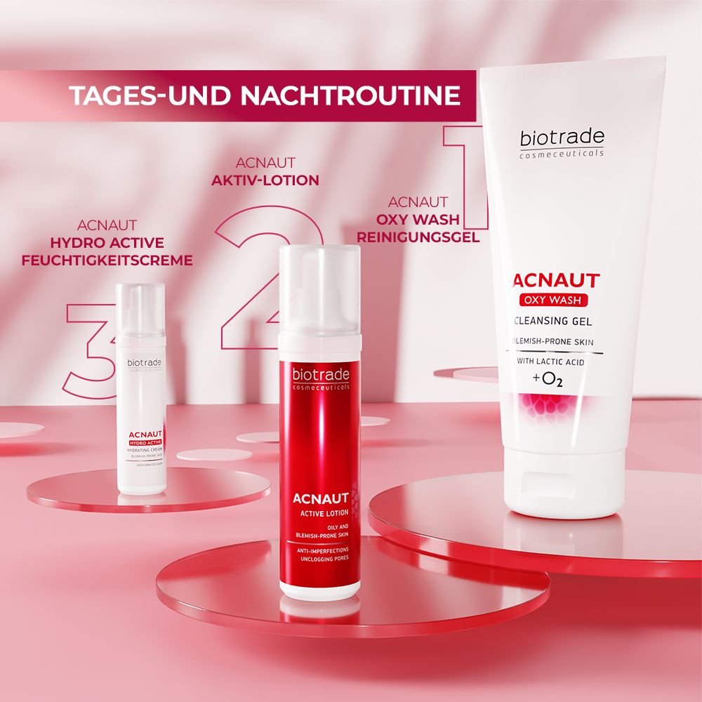 Drei Produkte. Biotrade Acnaut Aktiv-Lotion, Oxy Wash Reinigungsgel und Hydro Active Feuchtigkeitscrème.