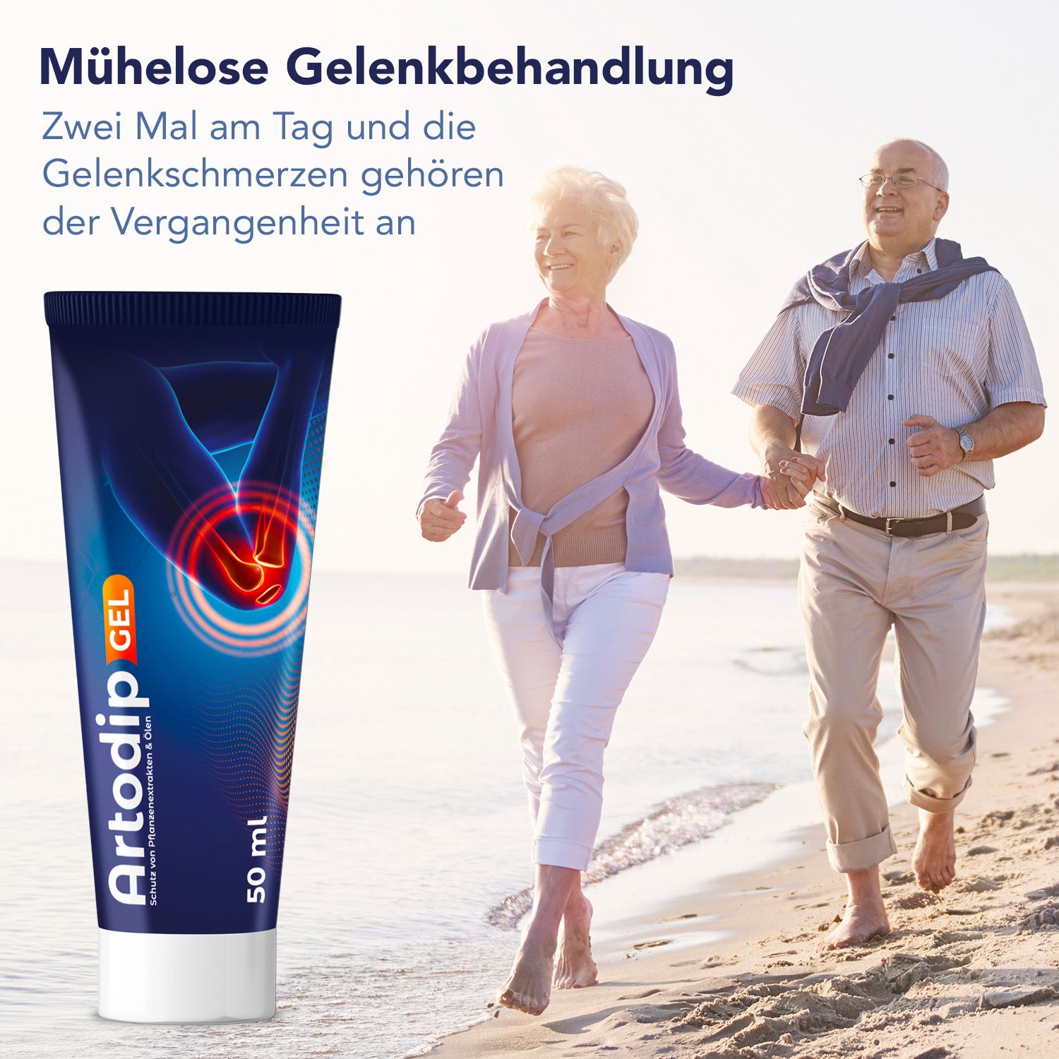 Artodip-Gel Tube, 50 ml, vor einem Paar, das am Strand läuft. Text: Mühelose Gelenkbehandlung. Zwei Mal am Tag und die Gelenkschmerzen gehören der Vergangenheit an.