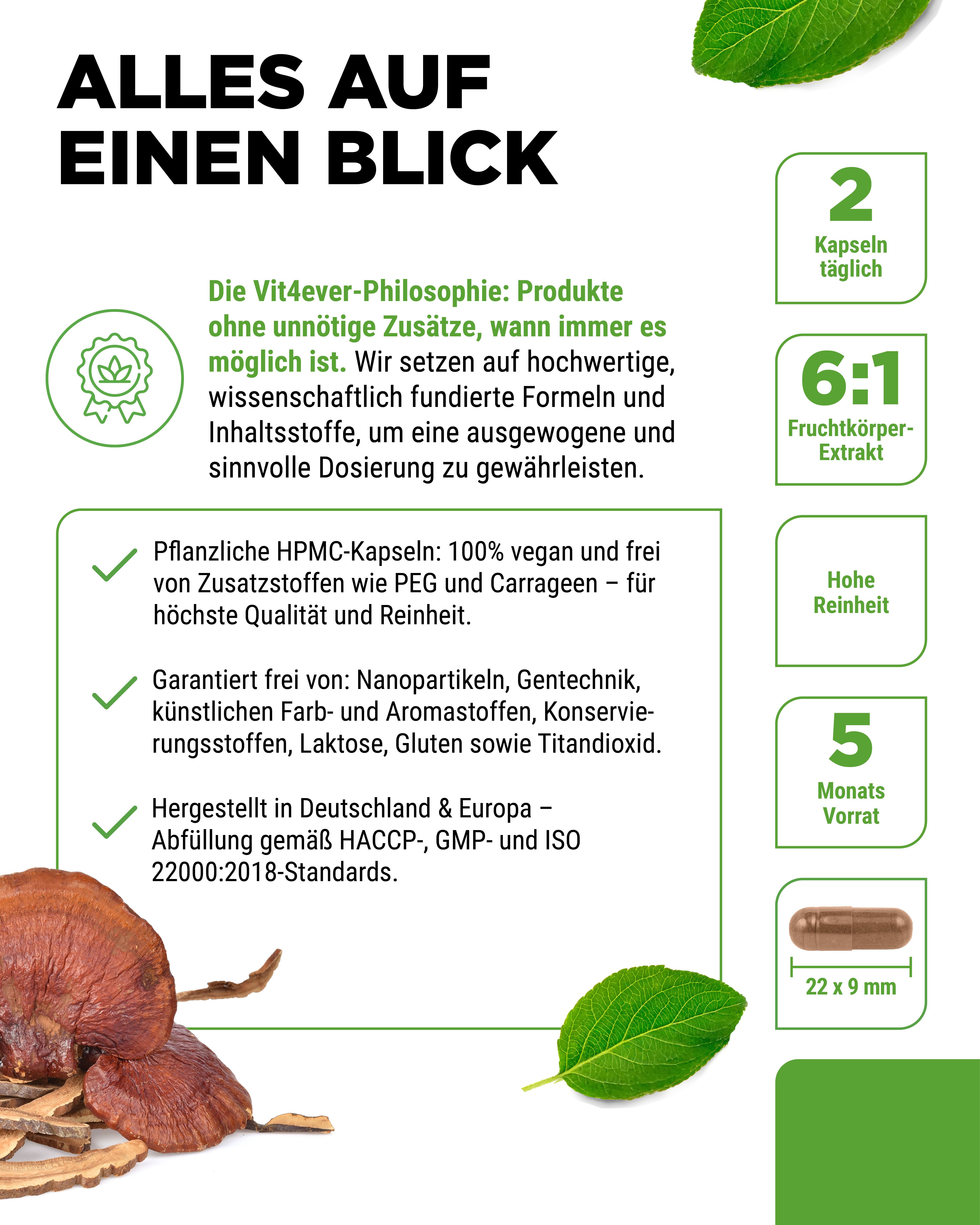 Text: Alles auf einen Blick. Flasche mit grüner Kappe. Aufschrift: vit4ever, Reishi 40% Polysaccharide, 270 Kapseln. Infos.