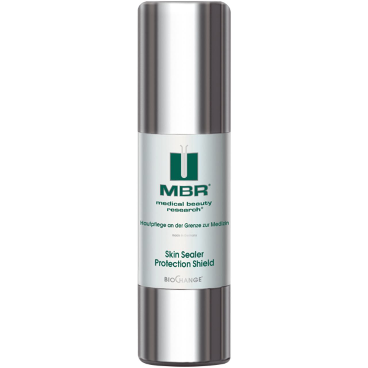 Zylindrische Flasche mit silberner Oberfläche. Aufschrift: MBR medical beauty research, Skin Sealer Protection Shield, BIOGRANGE.
