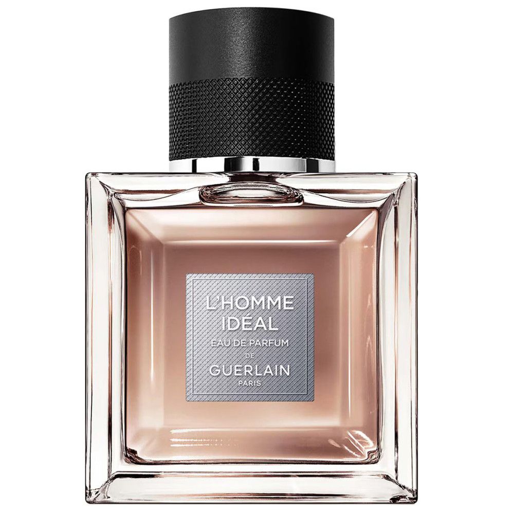 Guerlain L'Homme Ideal Eau de Parfum. Quadratischer Flakon mit schwarzem Deckel. Text: L'Homme Ideal, Guerlain.