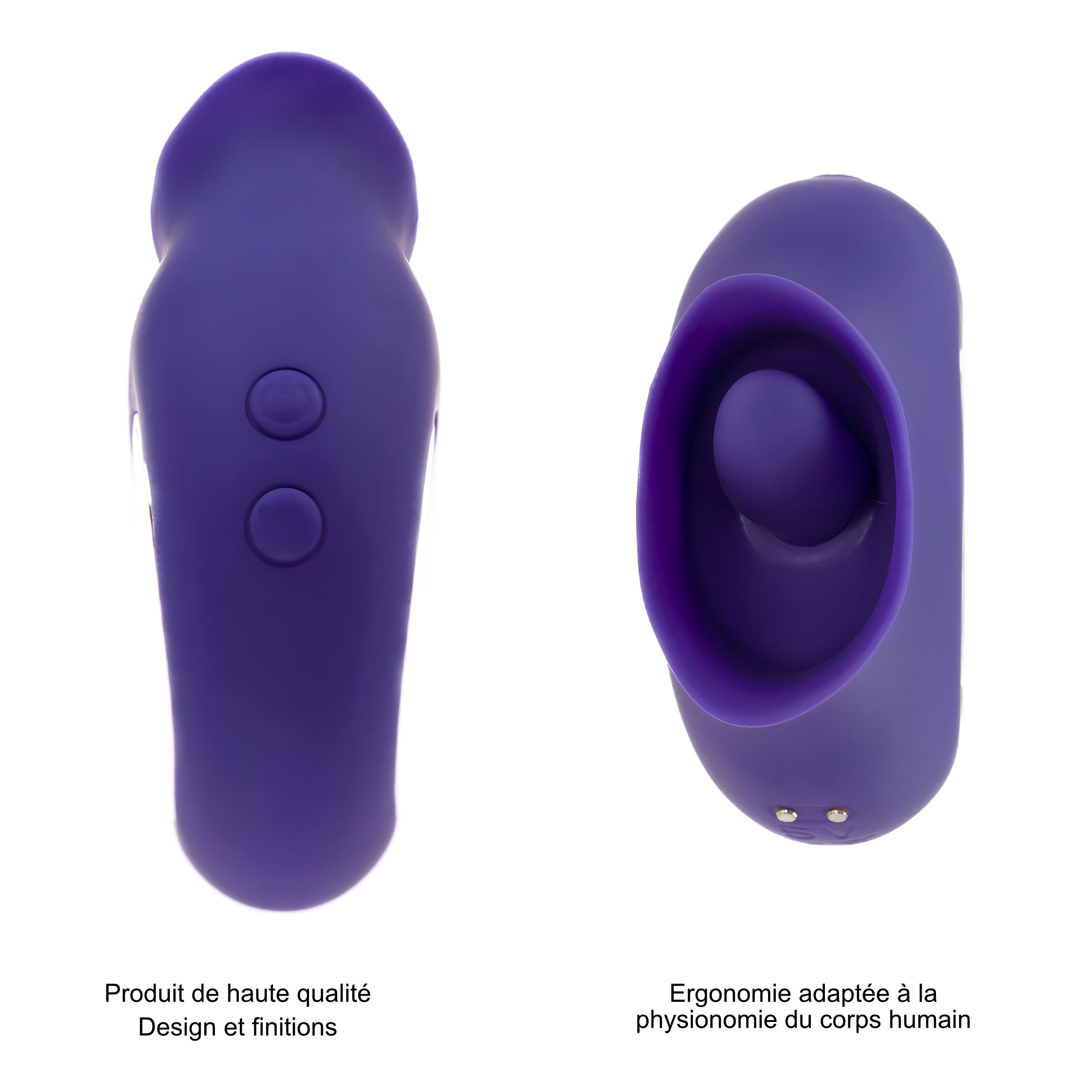 Zwei violette Geräte. Links: Design mit zwei Knöpfen. Rechts: Ergonomisches Design. Hochwertiges Produkt.