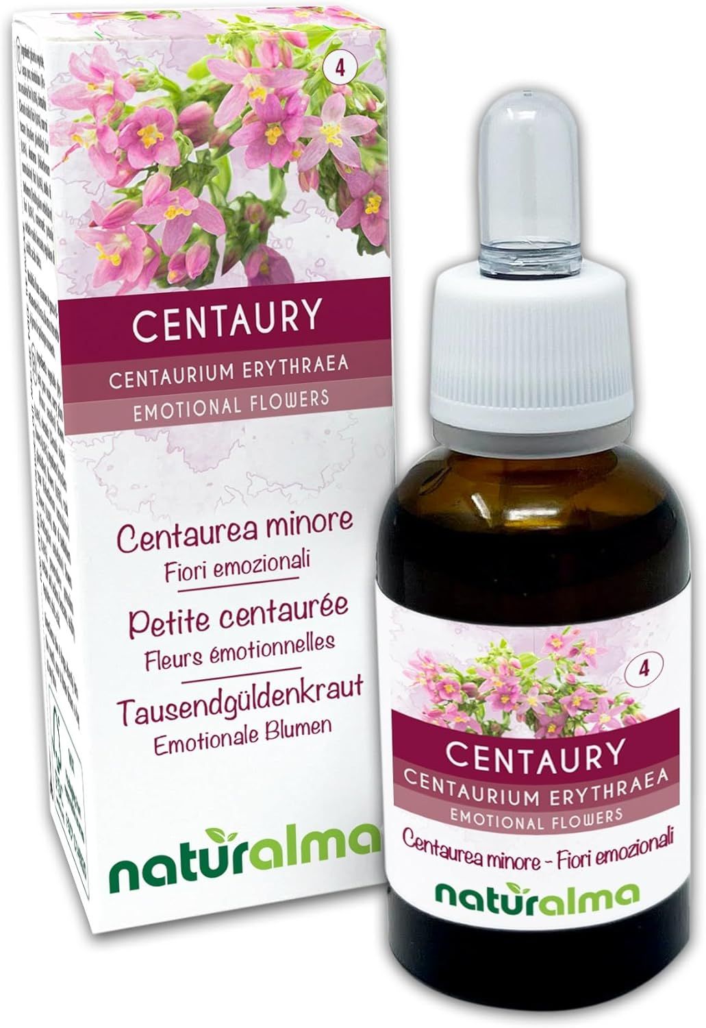 Braune Glasflasche mit weißem Verschluss und Karton. Aufschrift: CENTAURY, Centaurium erythraea, Emotional Flowers. Marke: naturalma.