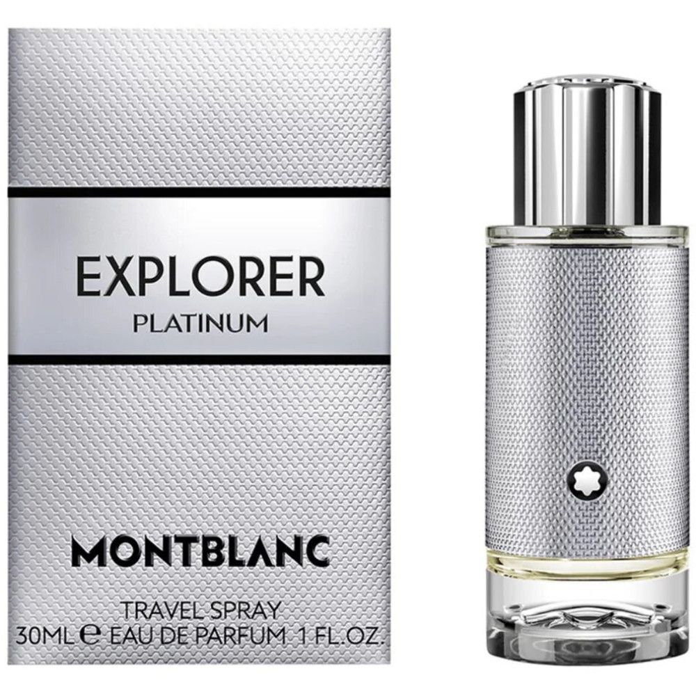 Montblanc Explorer Platinum EdP Nat. Spray. Flakon und Verpackung. Silberfarbenes Design mit Logo und Schriftzug. 30ml.