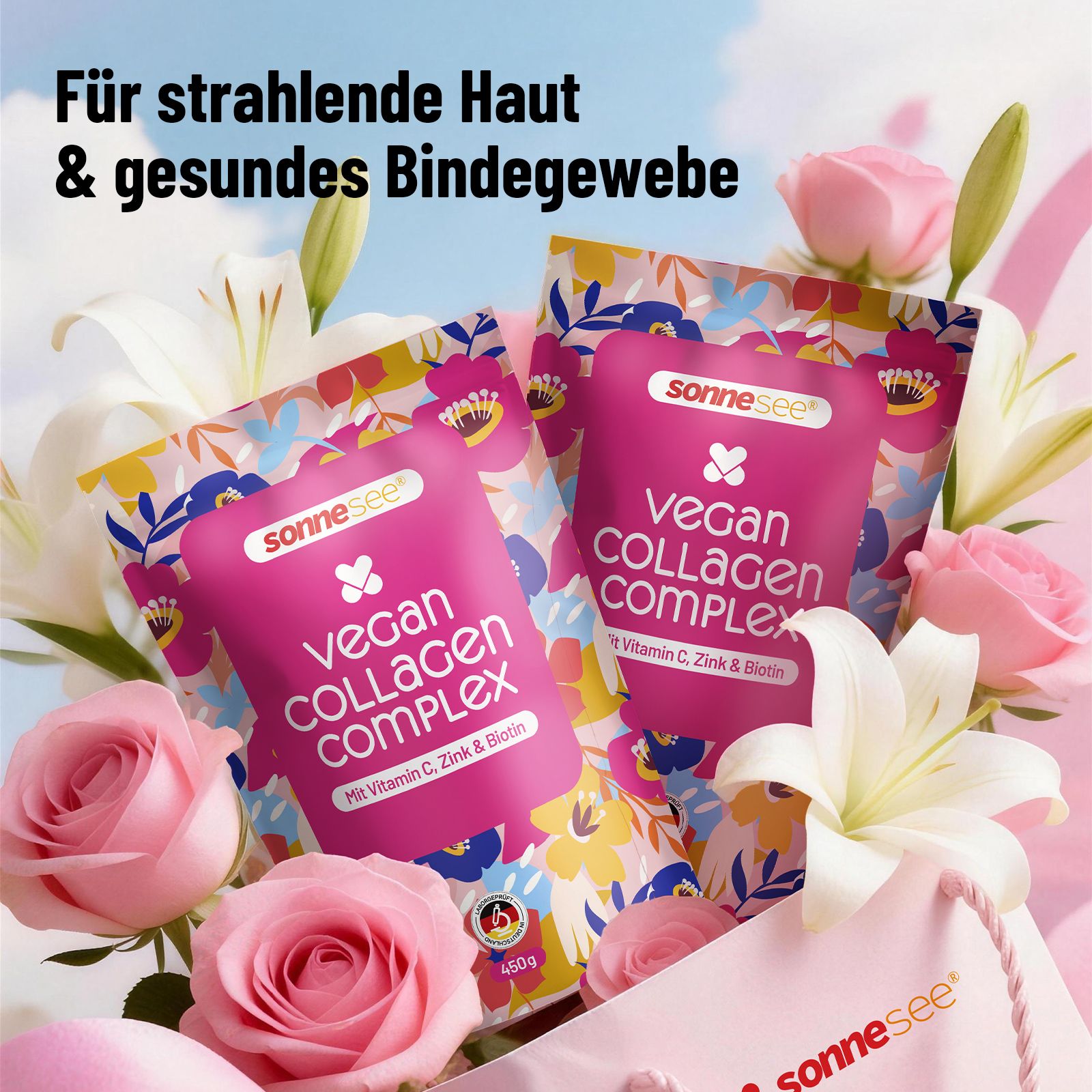 Zwei Packungen SonneSee Vegan Collagen Complex mit Vitamin C, Zink & Biotin, umgeben von Rosen und Lilien.