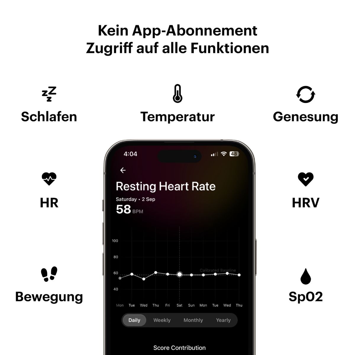 Smartphone-Bildschirm mit Gesundheitsdaten. Symbole für Schlaf, Temperatur, Erholung, HR, HRV, Bewegung, SpO2.