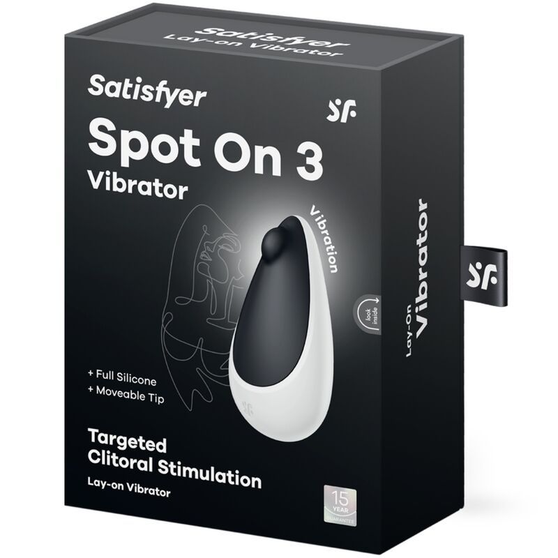 Schwarze Verpackung mit Produktabbildung. Text: Satisfyer Spot On 3 Vibrator. Angaben zu Funktionen und Marke.