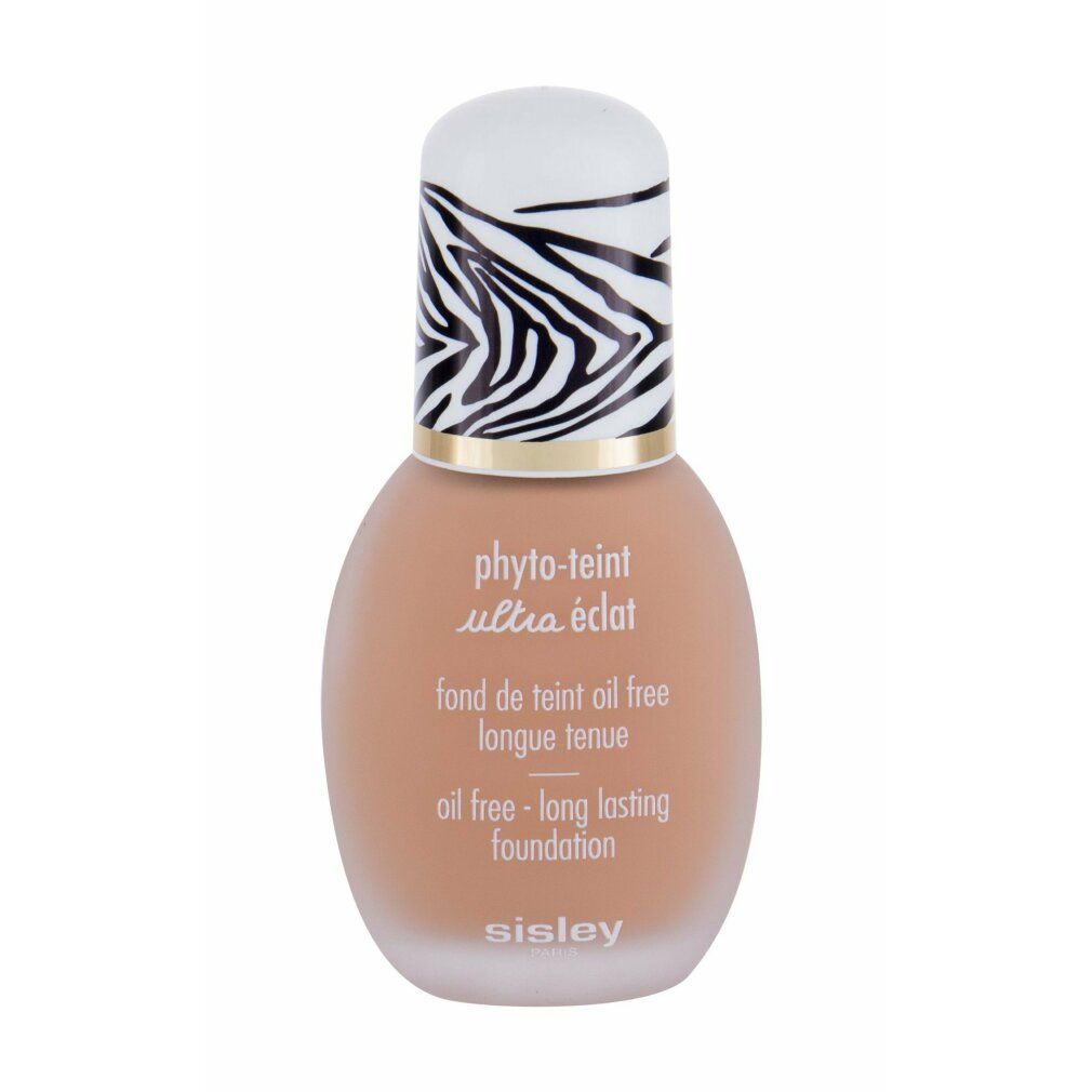 Sisley Phyto-Teint Ultra Eclat Foundation. Flasche mit Zebra-Muster-Deckel. Text: oil free - long lasting foundation.