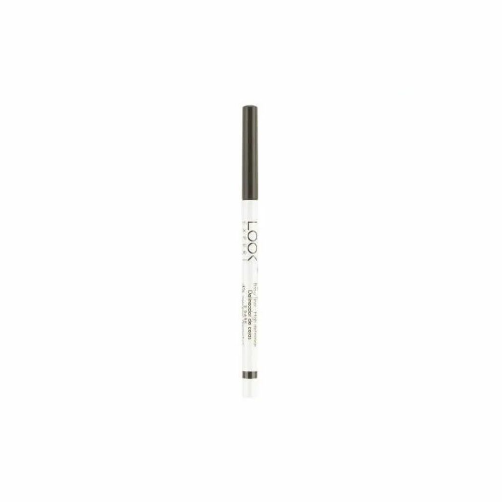 Brauenstift. Weißer Stift mit brauner Spitze und Kappe. Aufschrift: LOOK. Brow Liner High Definition 3 Dark.