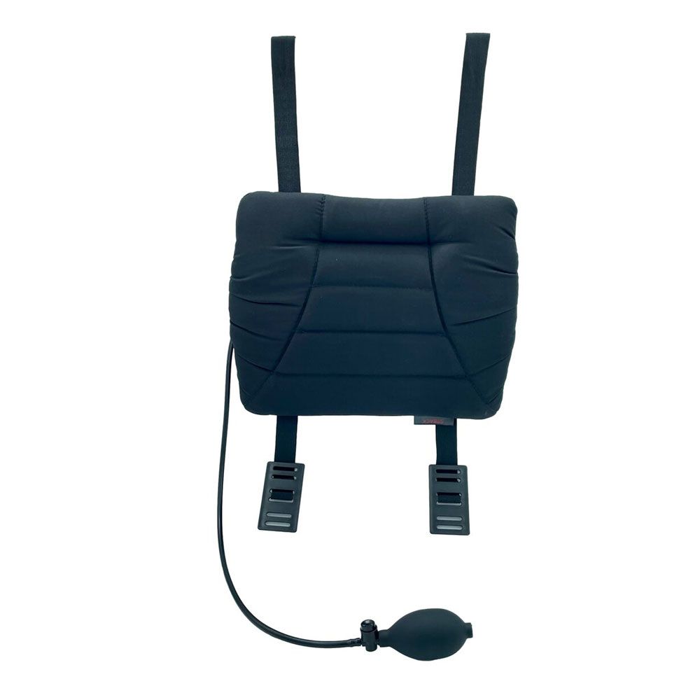 Schwarze Rückenstütze mit Pumpe und Schlauch. Rechteckige Form. Mit Befestigungsgurten und Clips.