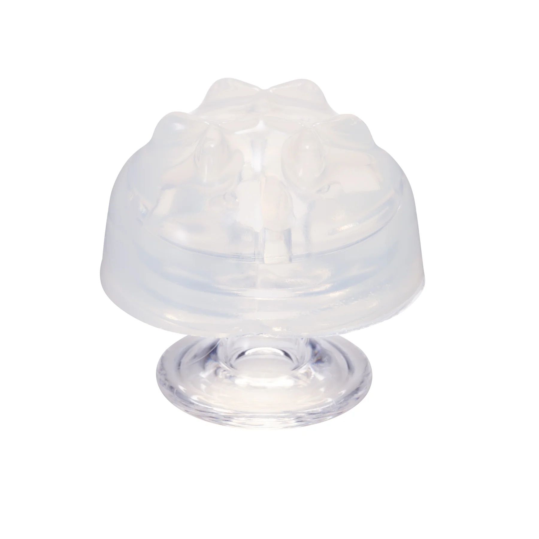 Klarer, pilzförmiger Klitoris-Stimulator mit Sockel. Oberteil mit geriffelter Oberfläche. Transparentes Material.
