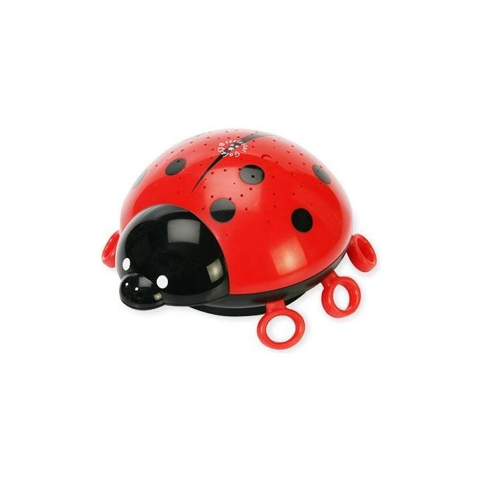 Rotes Marienkäfer-Nachtlicht mit schwarzen Punkten. Runde Form, rote Ringe als Füße. Schwarzer Kopf mit weißen Augen.