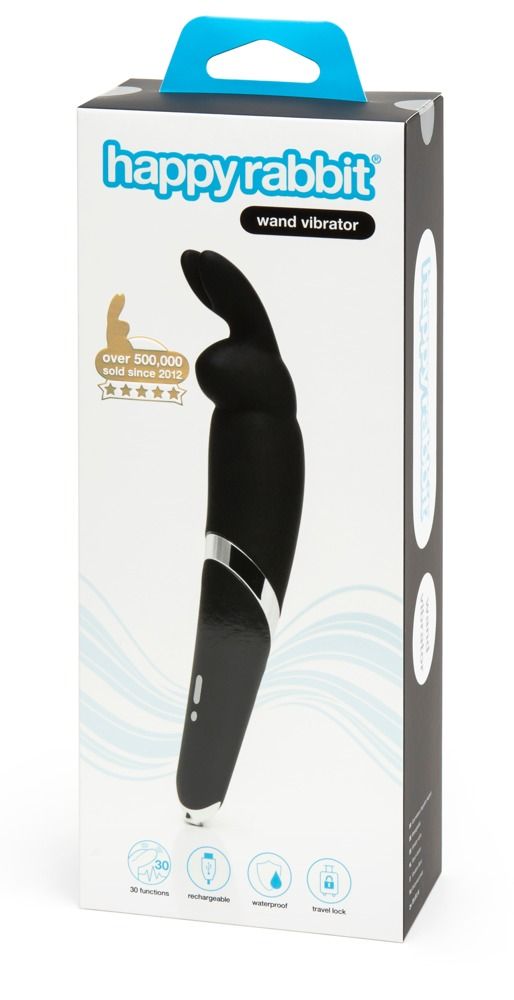 Verpackung mit schwarzem Massagestab mit Hasenohren. Marke happyrabbit. Text: wand vibrator, über 500.000 verkauft.