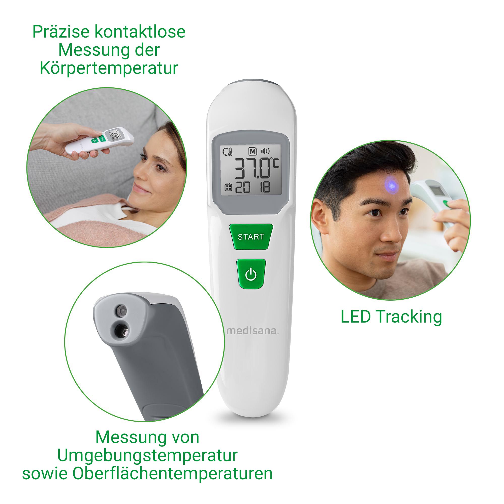 Medisana Fieberthermometer: Messung an Stirn, LED-Tracking, Messung von Umgebungstemperatur.