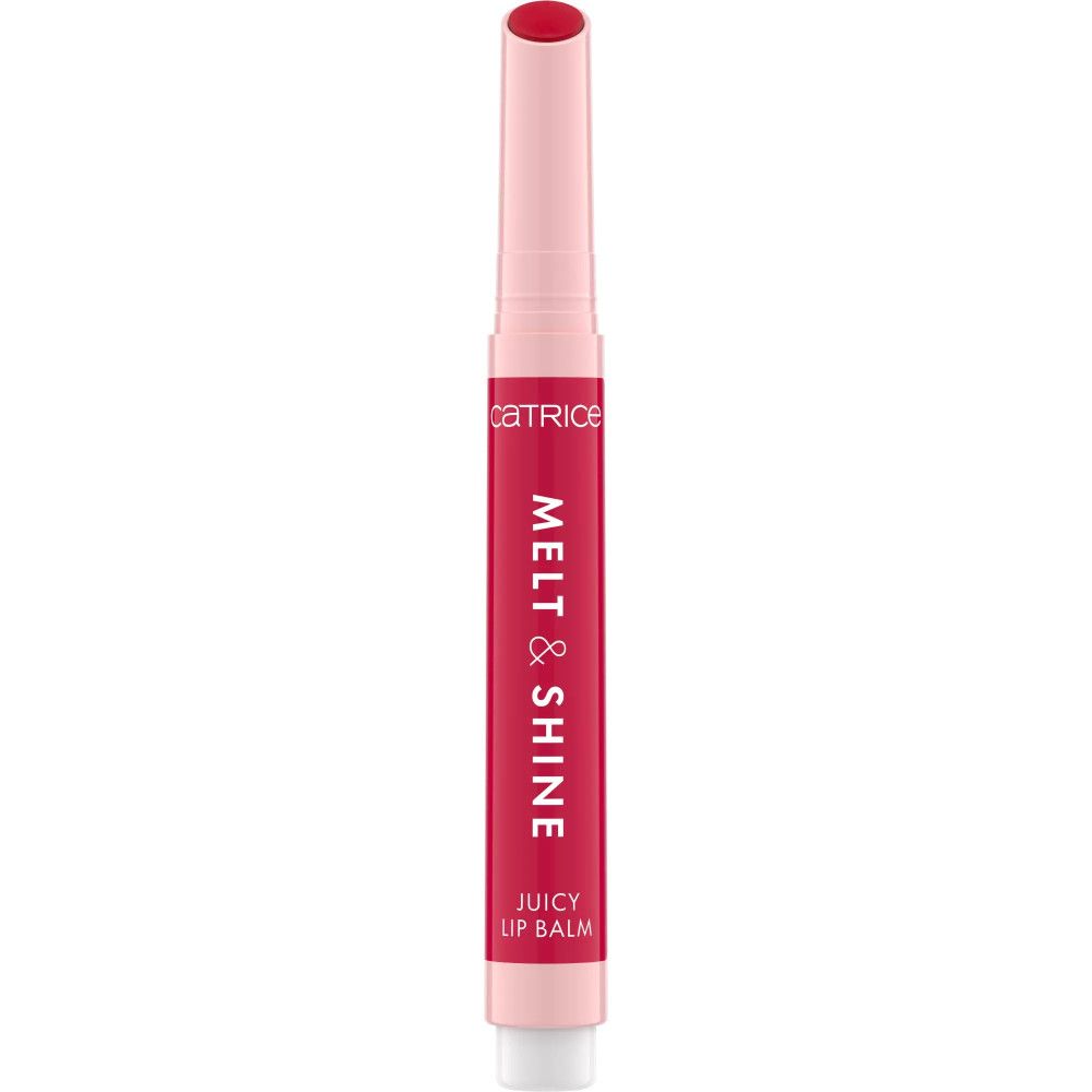 Lippenbalsam in Stiftform. Rosa Deckel, roter Körper mit Schriftzug: MELT & SHINE, JUICY LIP BALM. Marke Catrice.