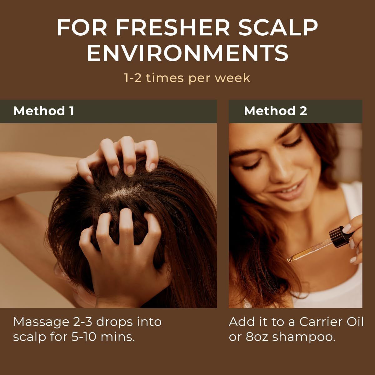 Zwei Methoden zur Anwendung. Text: "For Fresher Scalp Environments". Frau massiert Kopfhaut, Tropfen Öl.
