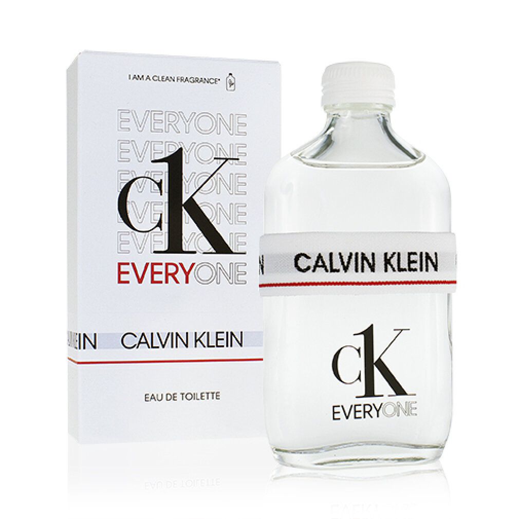 Flakon und Verpackung. Flakon mit weißem Verschluss und Band mit CALVIN KLEIN. Verpackung mit EVERYONE-Schriftzug und Logo.