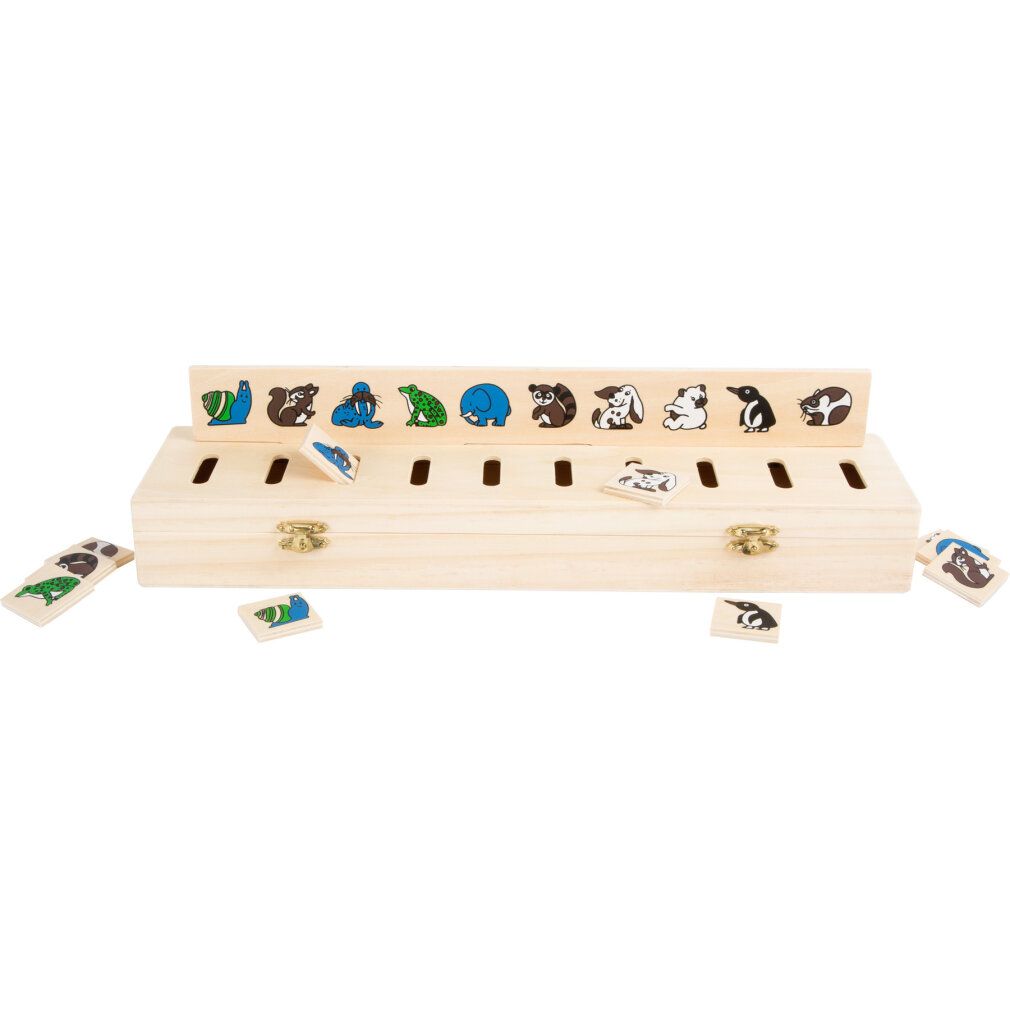 Holz-Bildersortierbox mit Tier-Symbolplättchen. Enthält Holzbox, Symbolplättchen. Verschiedene Tierabbildungen.