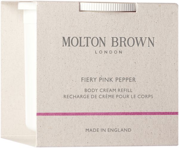Körpercreme-Nachfüllpackung in Kartonverpackung. Marke: Molton Brown. Text: Fiery Pink Pepper, Body Cream Refill.