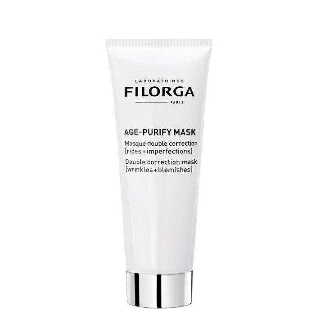 Weiße Tube mit silbernem Boden. Aufschrift: FILORGA, AGE-PURIFY MASK. Doppelkorrektur Maske für Falten und Hautunreinheiten.