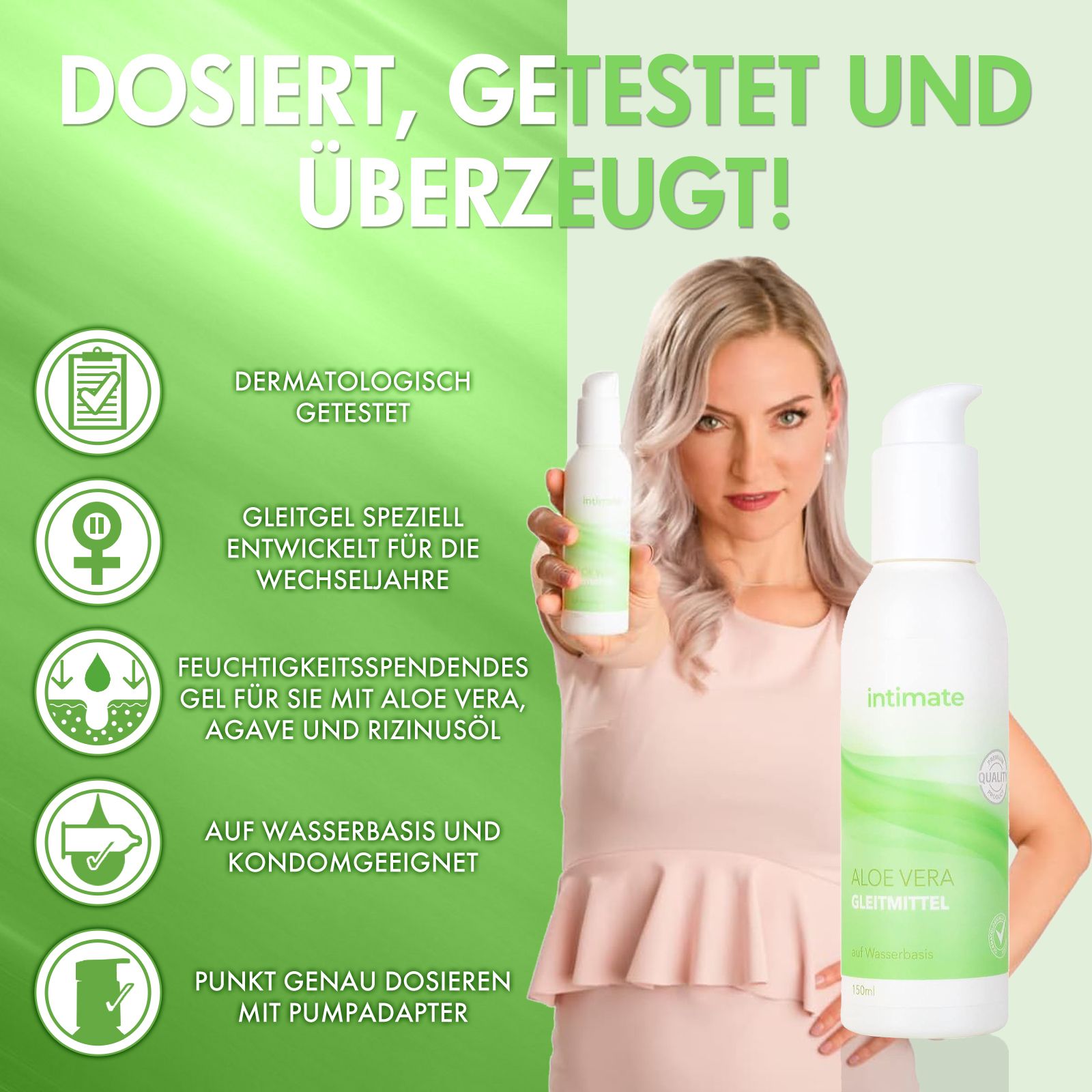 Frau hält Flasche. Text: Dosiert, getestet und überzeugt! Aufzählungspunkte mit Vorteilen.