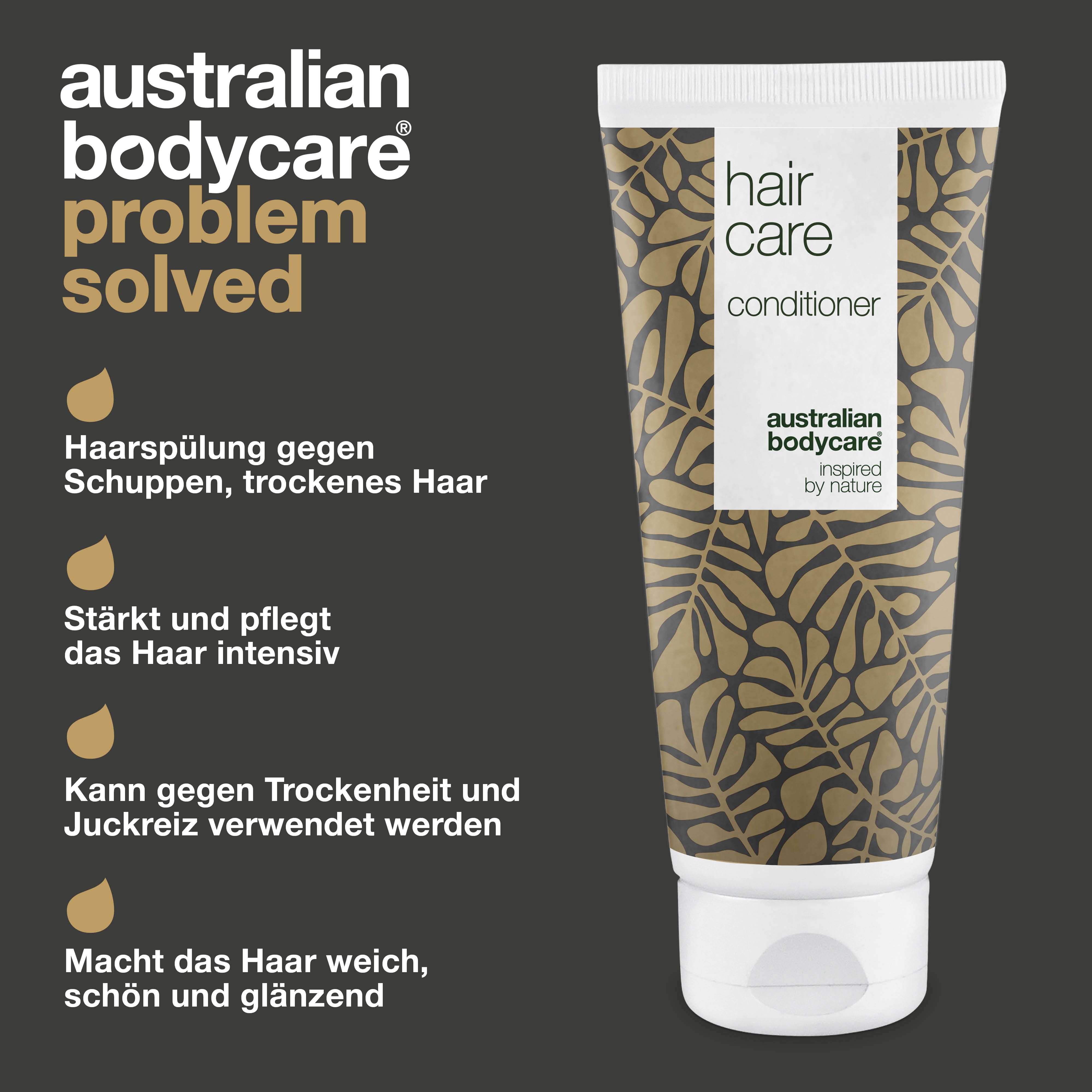 Tube mit Produkt und Text. Aufschrift: Hair Care, Conditioner, Australian Bodycare. Text: Haarsplung gegen Schuppen, trockenes Haar.