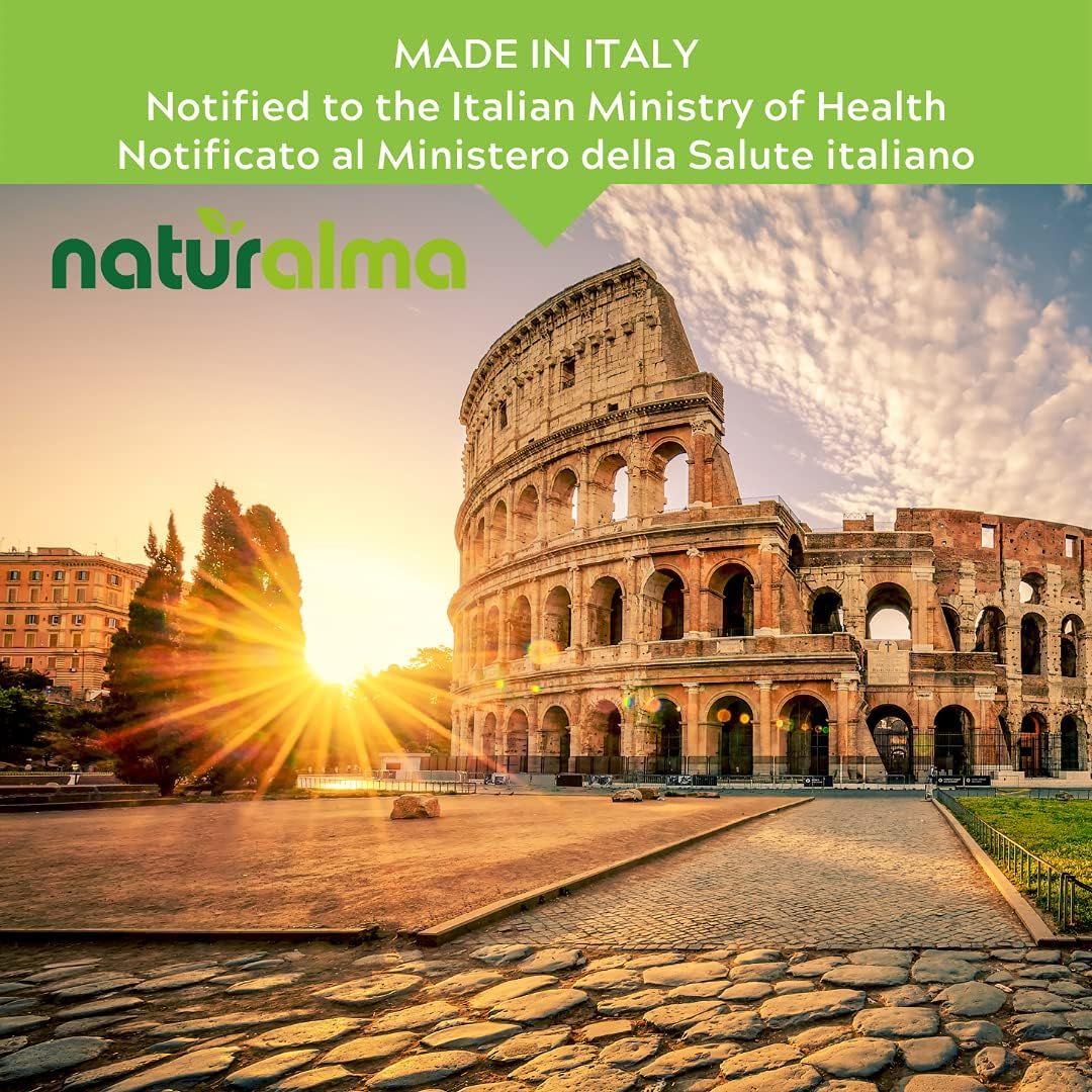 Kolosseum bei Sonnenaufgang. Naturalma Logo. Text: Hergestellt in Italien.