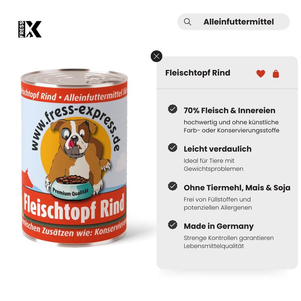 Hundefutter-Dose neben Infokarte. Dose: Fleischtopf Rind, fress-express.de. Karte: 70% Fleisch, leicht verdaulich, ohne Getreide, Made in Germany.