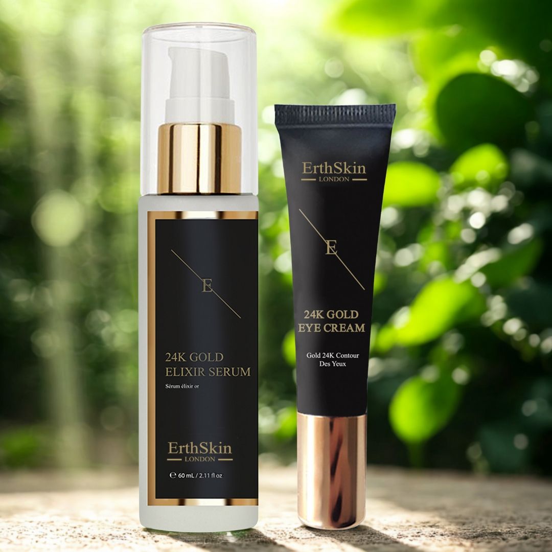 Serum- und Augencreme-Set. Flasche mit Pumpe und Tube. Schwarze Etiketten mit goldfarbenem Text. Marke: ErthSkin London. Hintergrund: Grün.