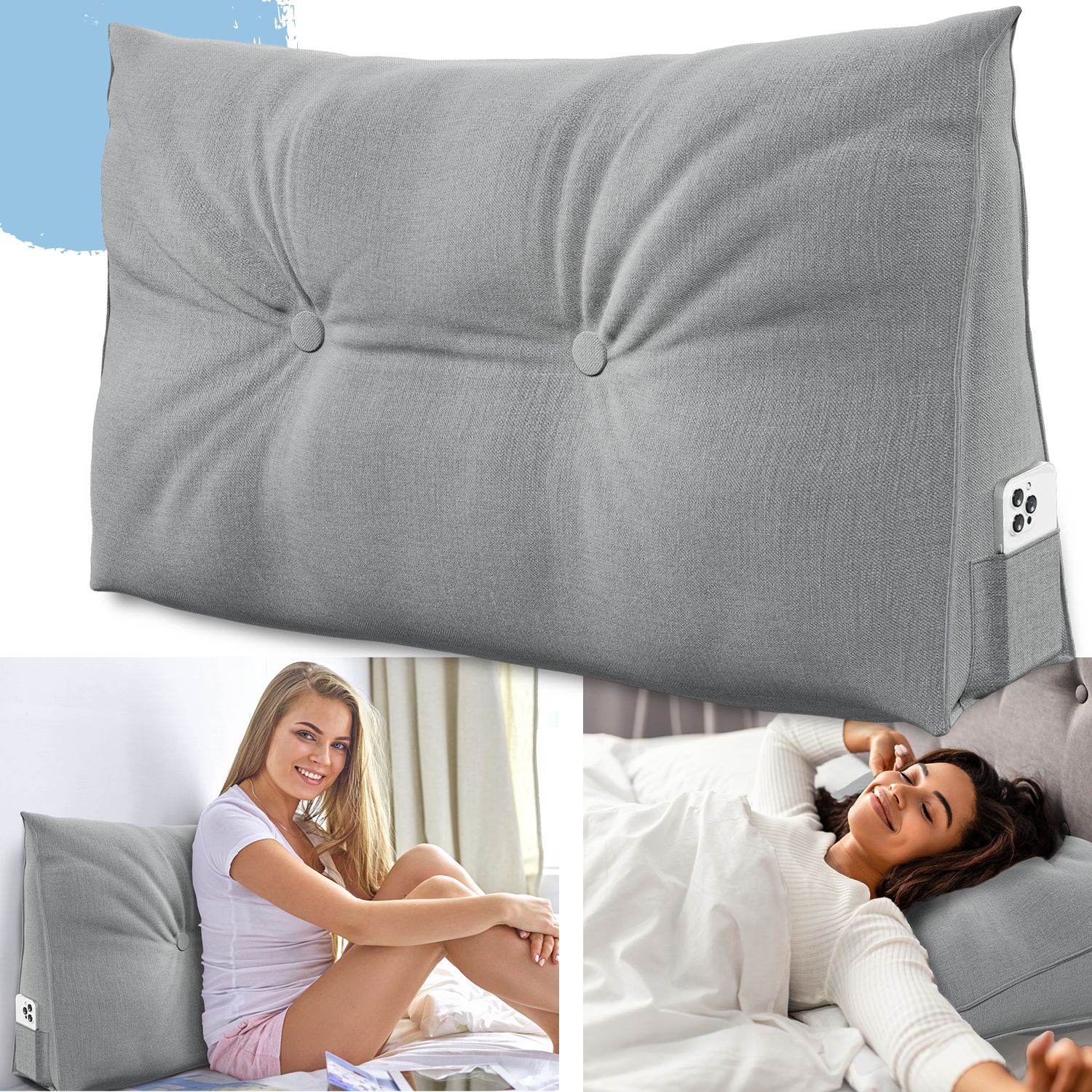 Graues Keilkissen mit Knopfdetails, Seitentasche. Frau sitzt und liegt mit Kissen. Blaue Kreise im Hintergrund.