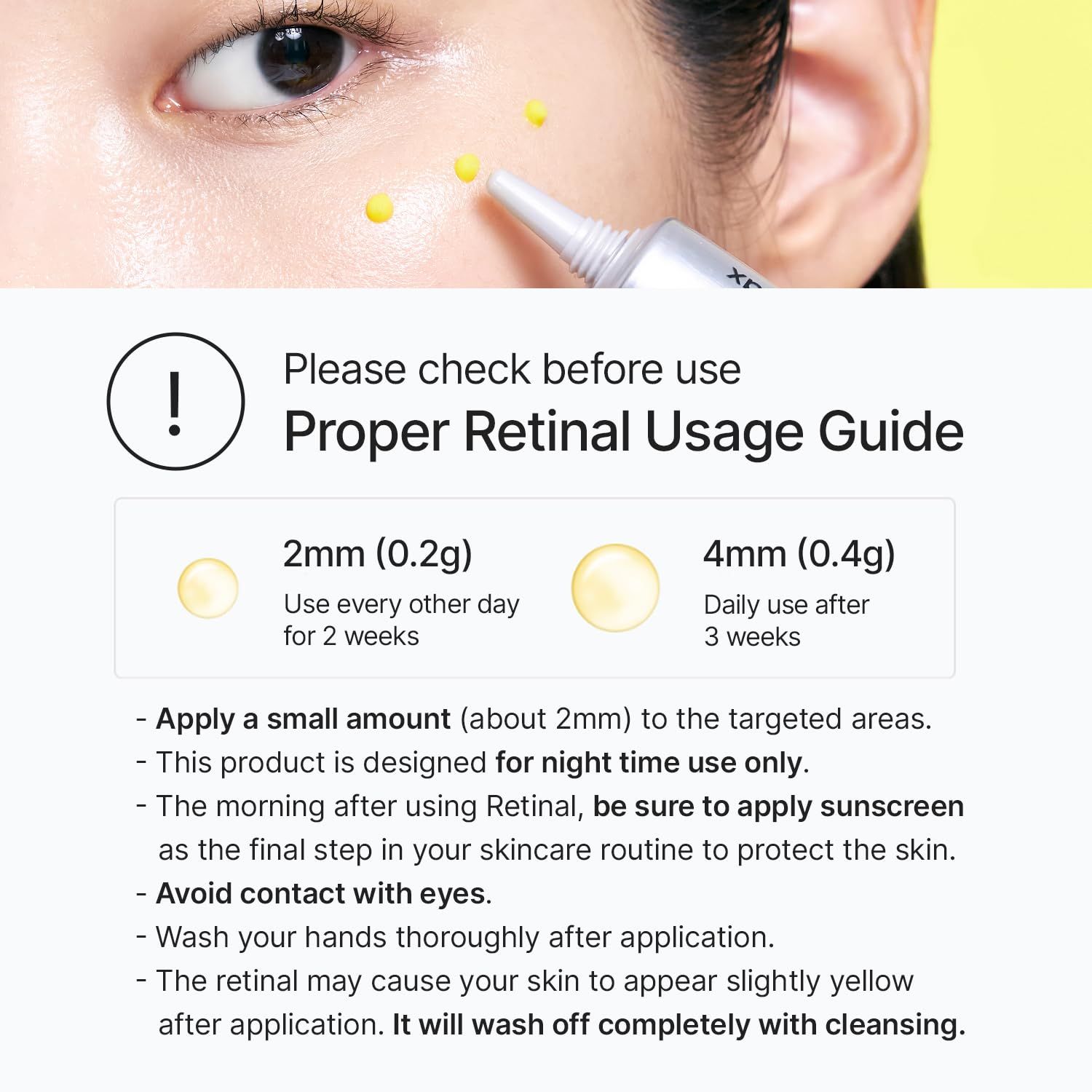 Anleitung zur Anwendung von Retinal. Dosierung: 2mm für jeden zweiten Tag, 4mm täglich. Anwendungshinweise und Warnhinweise.