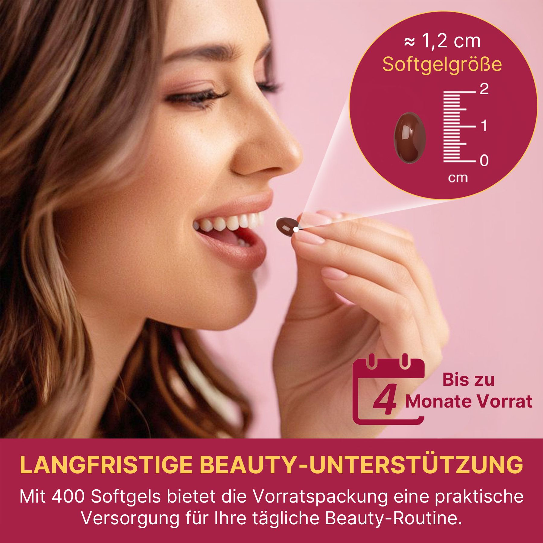 Eine Frau nimmt eine braune Softgel-Kapsel, ca. 1,2 cm groß.