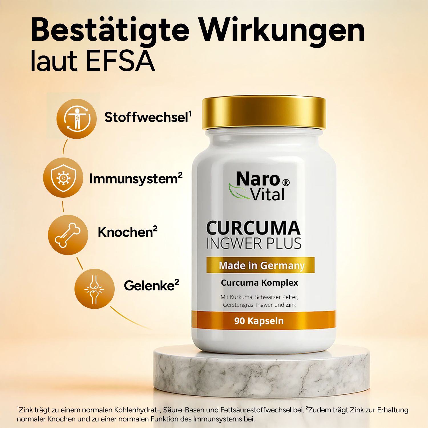 Flasche NAROVITAL® Curcuma Ingwer Plus. Text: Bestätigte Wirkungen laut EFSA. Symbole für Stoffwechsel, Immunsystem, Knochen, Gelenke.