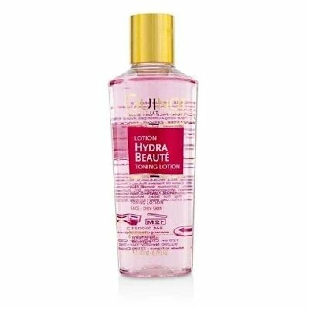 Guinot Hydra Beaute Lotion. Transparente Flasche mit rosa Flüssigkeit, goldfarbenem Deckel. Rotes Etikett mit Produktnamen.