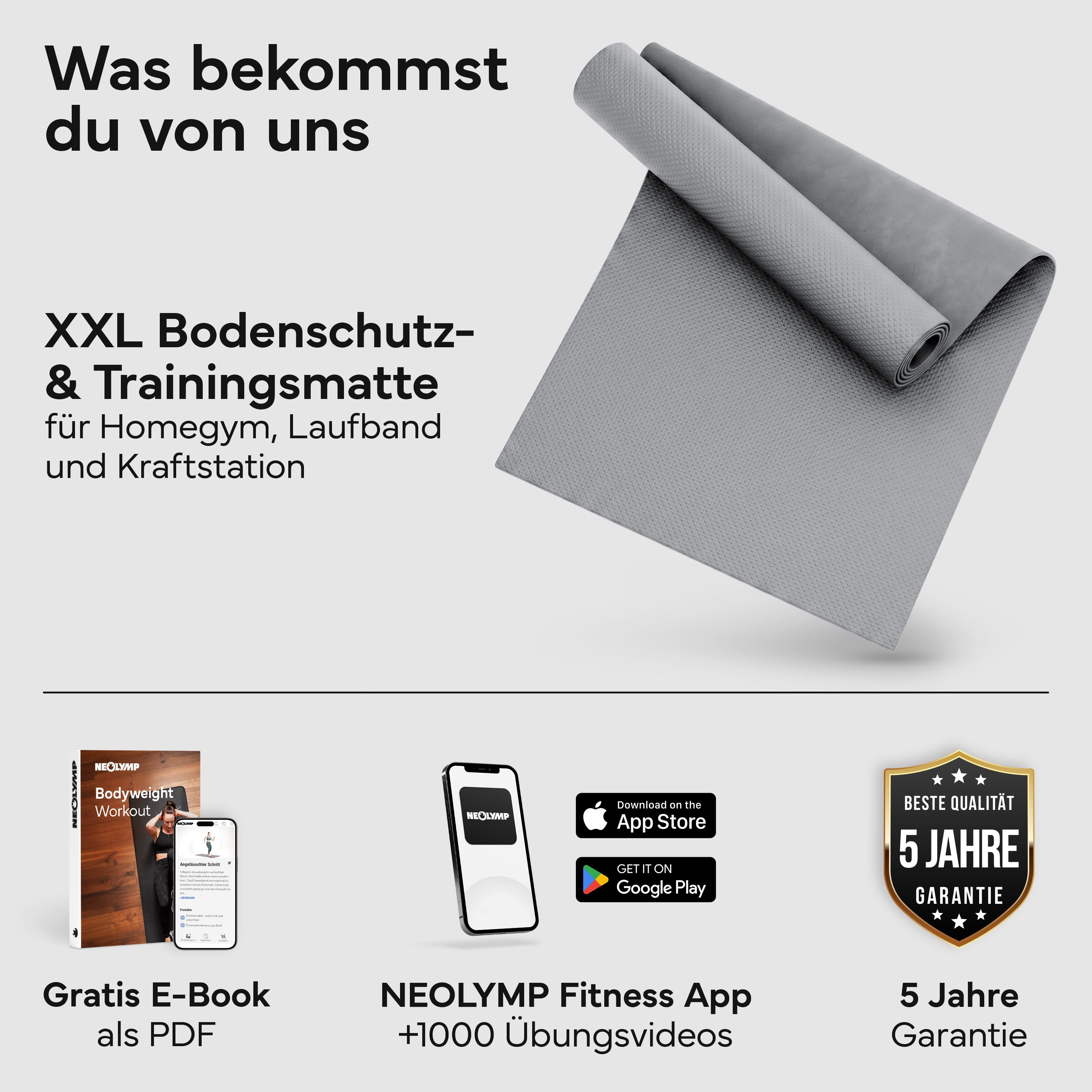 Graue, gerollte Fitnessmatte mit Text. Enthält ein E-Book, ein Smartphone mit App-Logo und eine 5-Jahres-Garantie-Plakette.