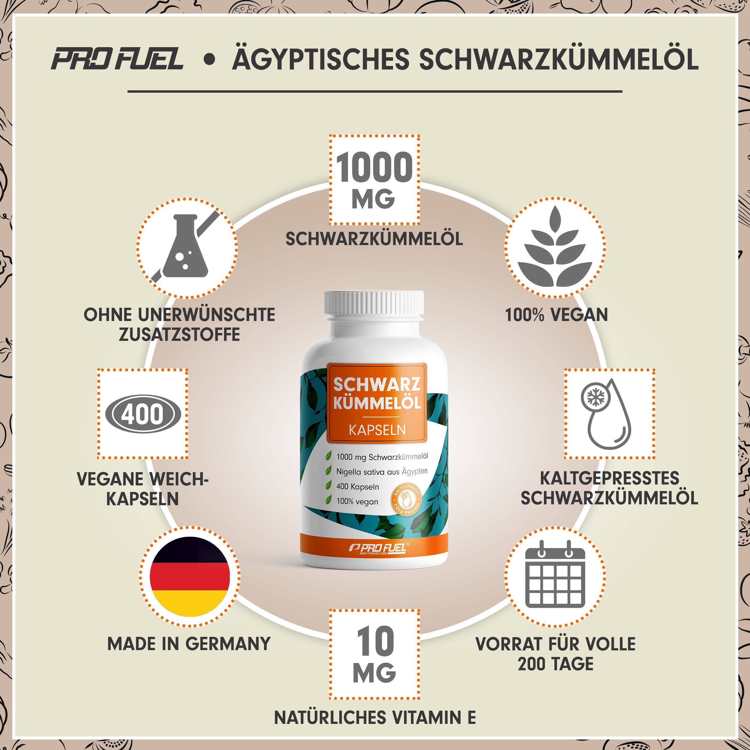 Produktabbildung mit Flasche Schwarzkümmelöl Kapseln. Informationen: 1000mg, 100% vegan, 400 Kapseln, kaltgepresst, Made in Germany.