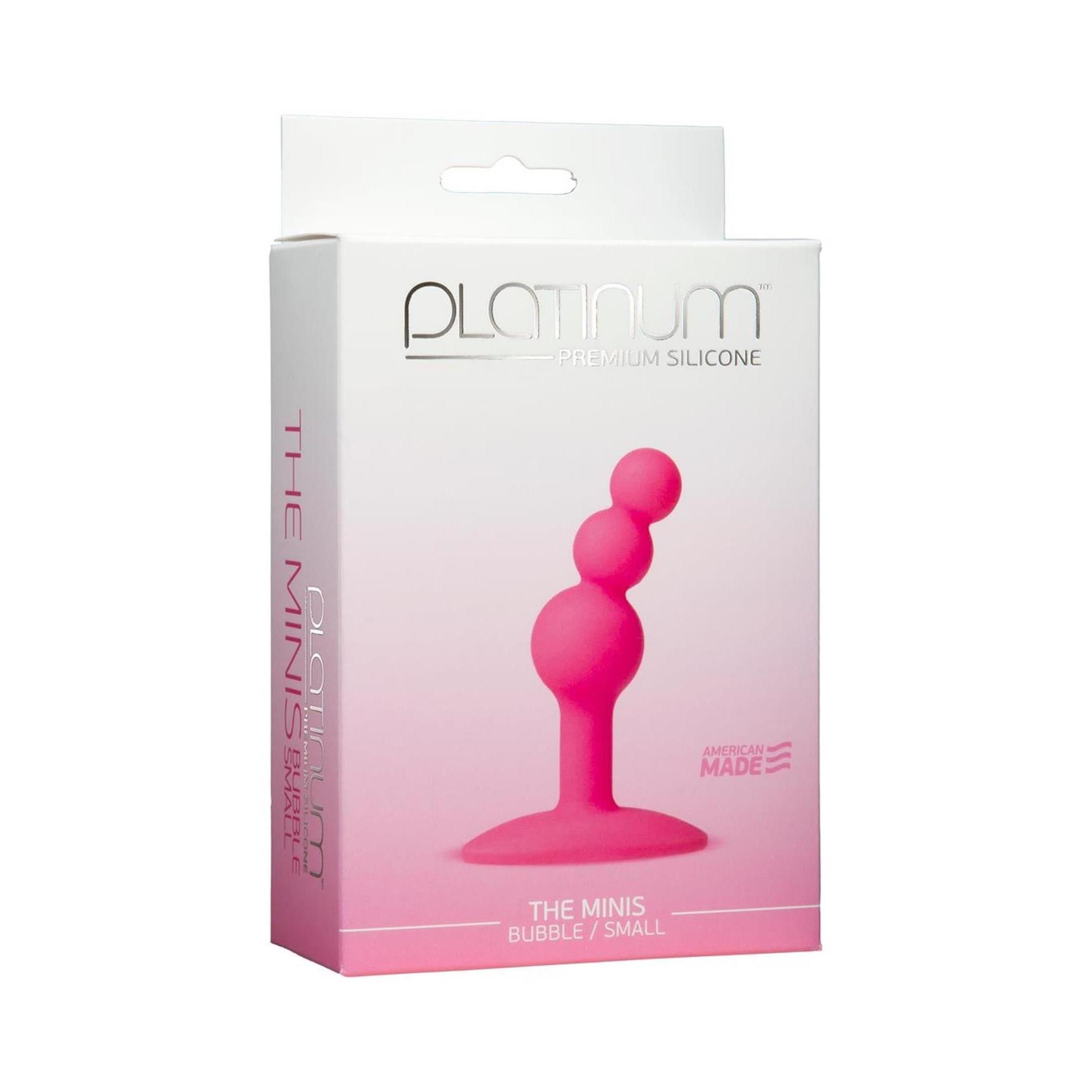 Rosa Plug mit drei Kugeln und Basis in Verpackung. Aufschrift: Platinum, The Minis, Bubble/Small. Made in USA.