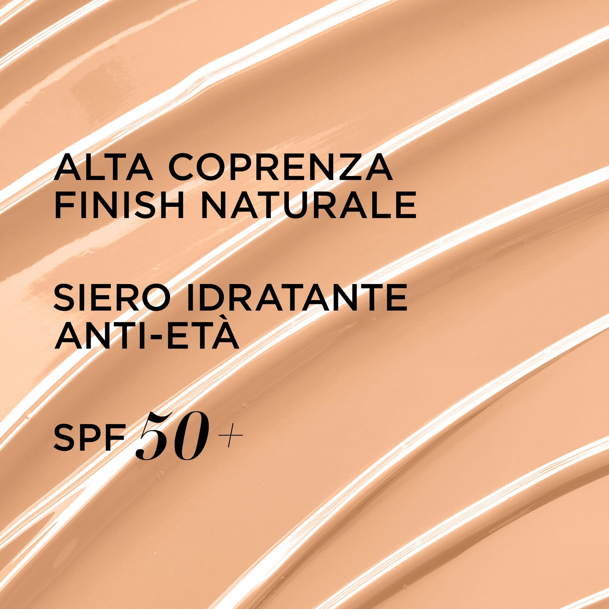 Textur des Produkts. Text: Alta Coprenza, Finish Naturale, Siero Idratante Anti-Età, SPF 50+.