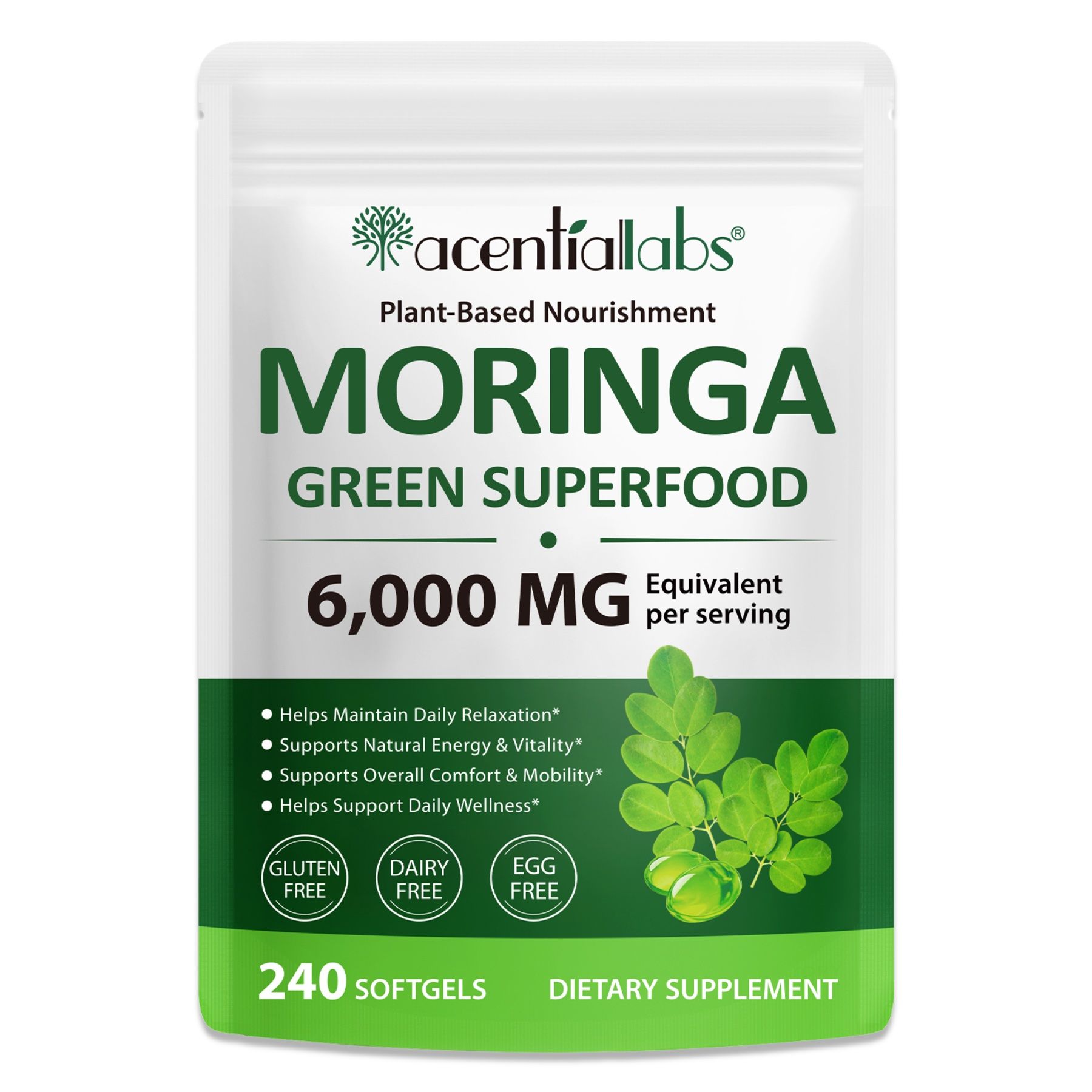 Weißes Beutel mit Softgels. Text: Moringa, 6.000 mg. Text: Glutenfrei, Milchfrei, Eifrei. Text: 240 Softgels.