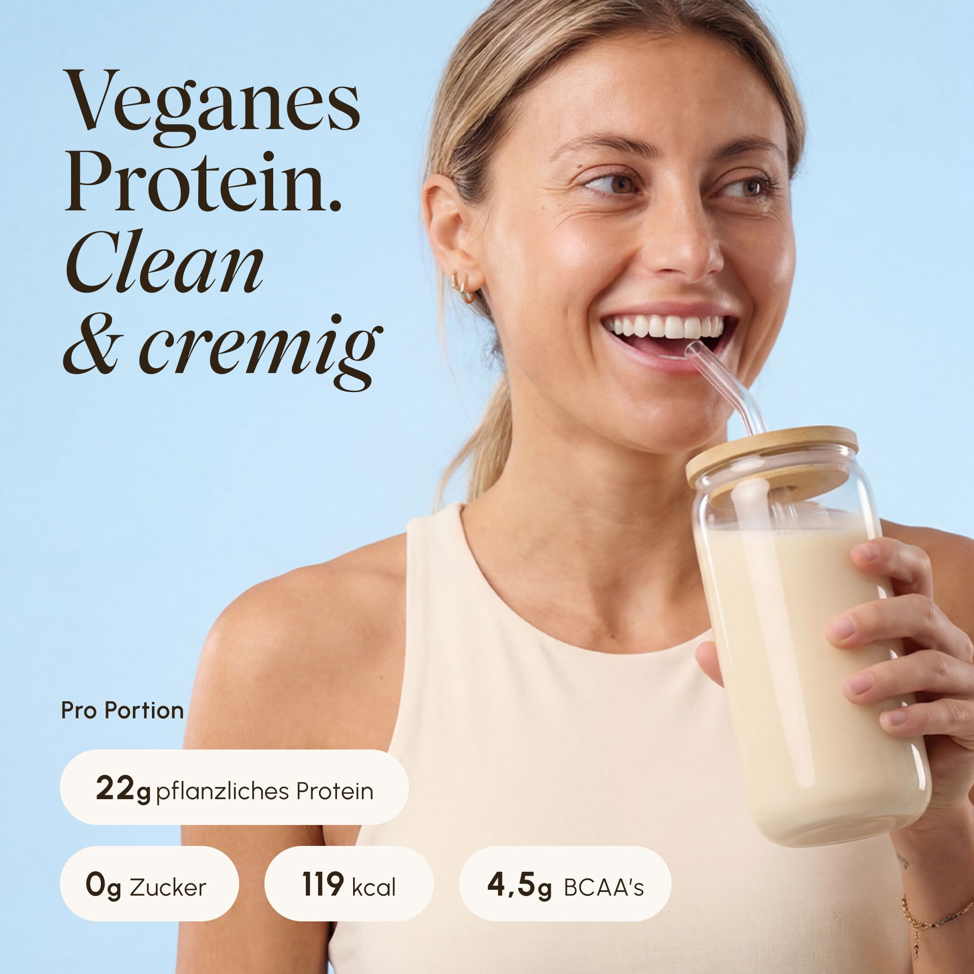 VETAIN veganes Protein: 22g pflanzliches Protein, 0g Zucker, 119 kcal, 4,5g BCAA's pro Portion.