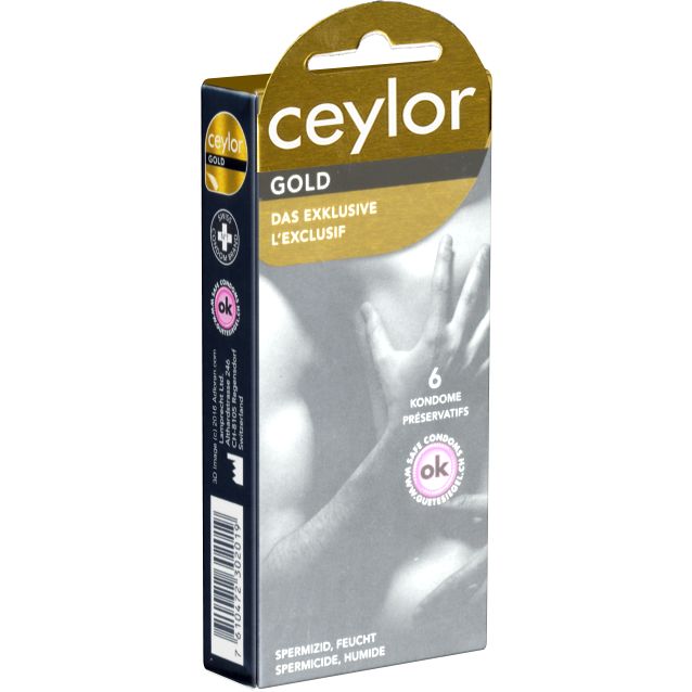 Ceylor *Gold* Kondome mit spermizider Beschichtung, verpackt im hygienischen Dösli